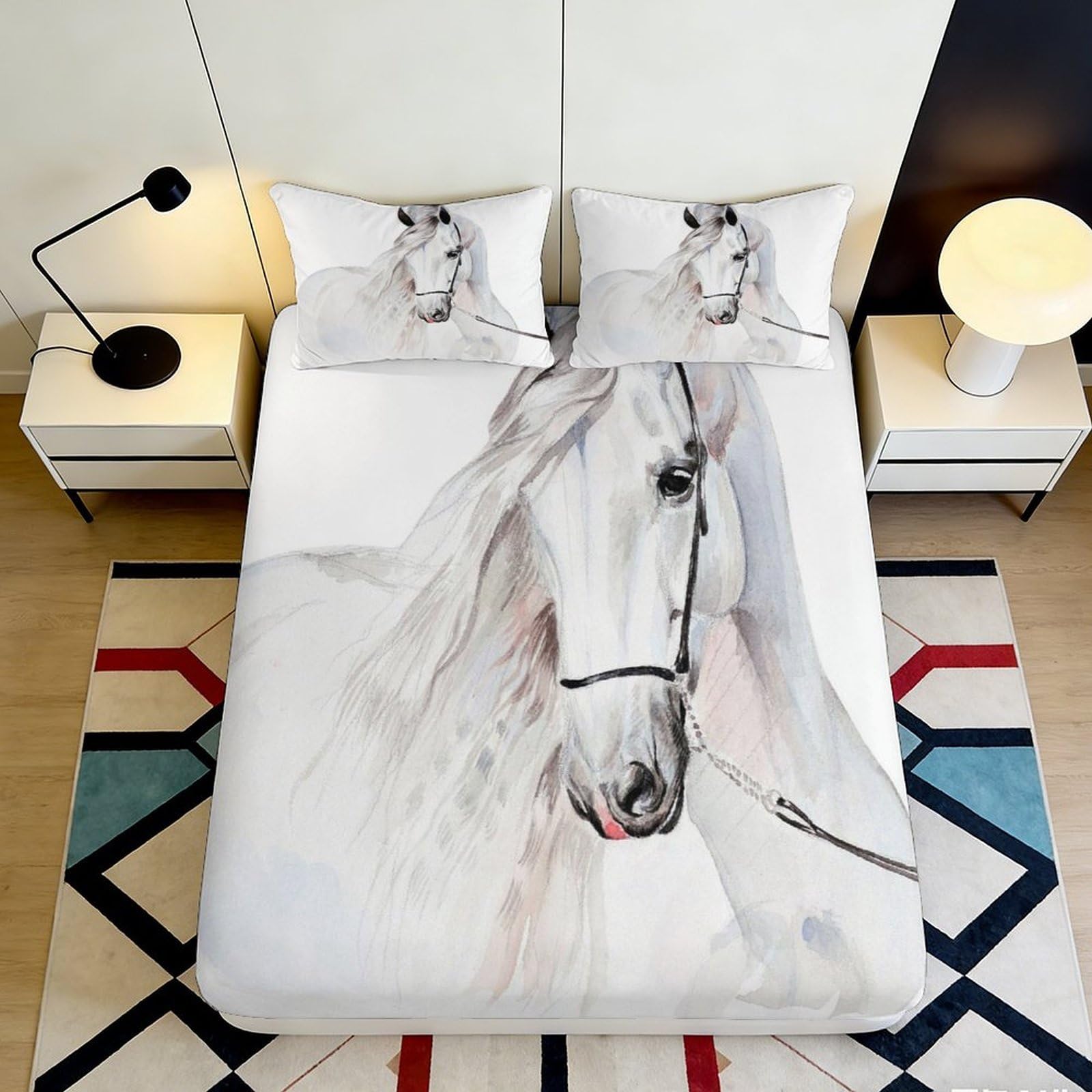 Jqzkxnhpbr Style-3 3D Printed White Horse Fitted Sheet Microfiber Soft Breathable Watercolor Stallion Mattress Cover For Bedroom Dorm Home Decor 90X200x25cm