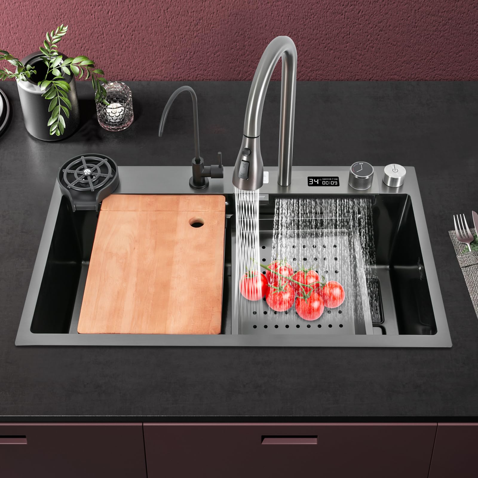 Fregadero de cocina con cascada, acero inoxidable con indicador de temperatura, grifo extensible, sifón, rebosadero y desagüe, moderno fregadero empotrable para cocina