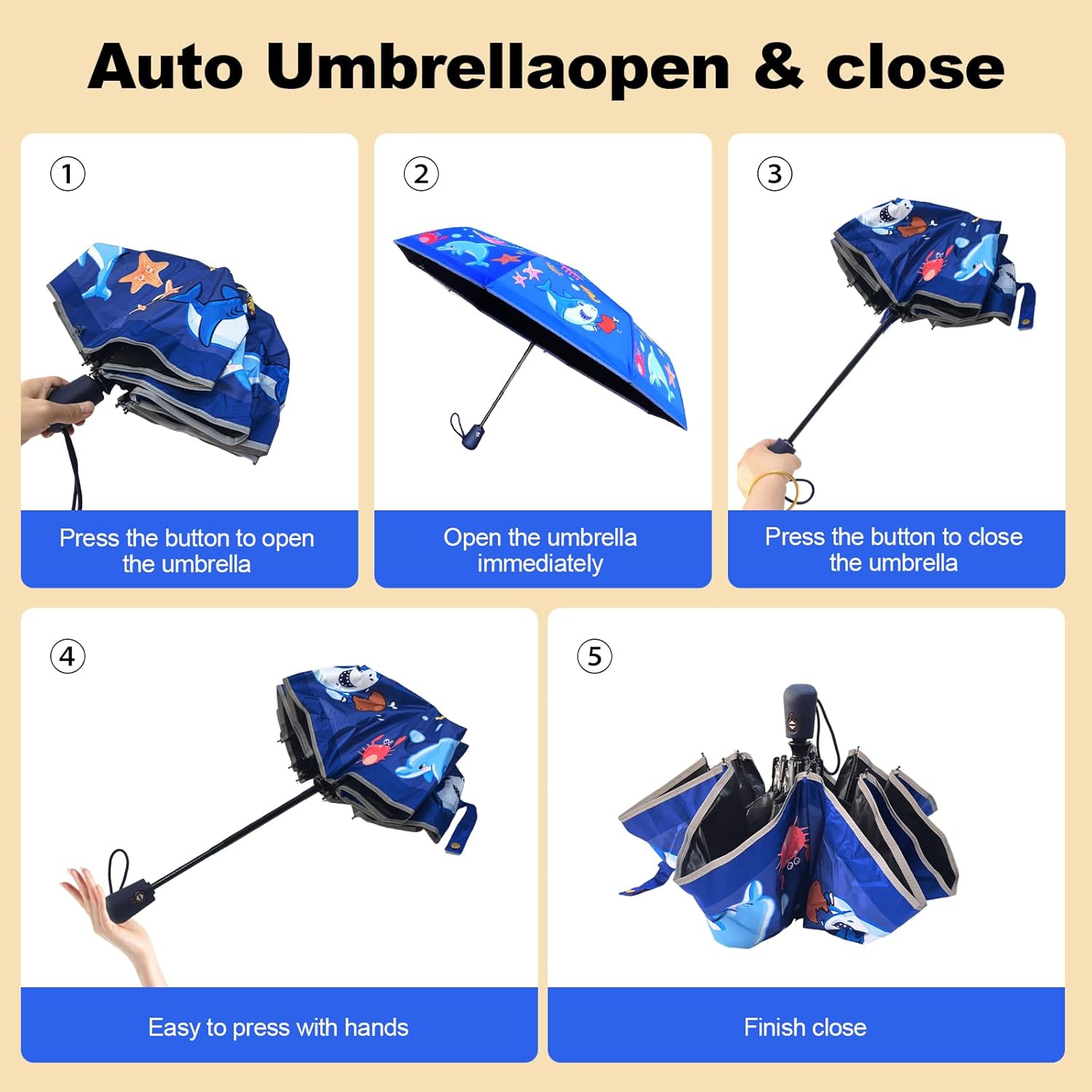Kids Automatic Umbrella with Cartoon Print & Reflective Strip,easy One-Button Open Close, UPF 50+ Sun & Wind Protection for School, Outdoor Safety for Boys and Girls - Image 5