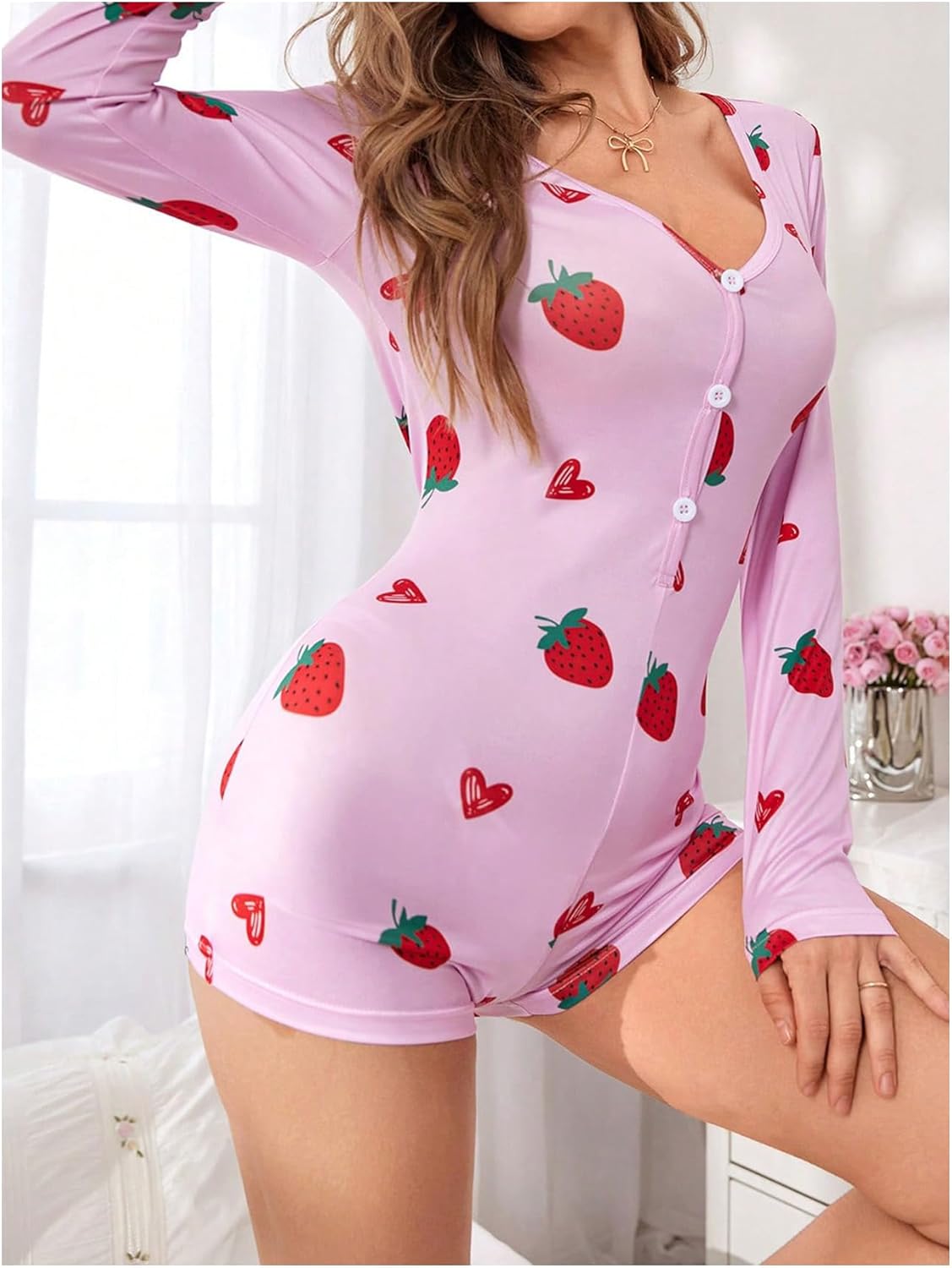 WDIRARA Women's Cow Graphic Print Romper Pajama V Neck Long Sleeve Button Front Sexy Onesie - Image 4