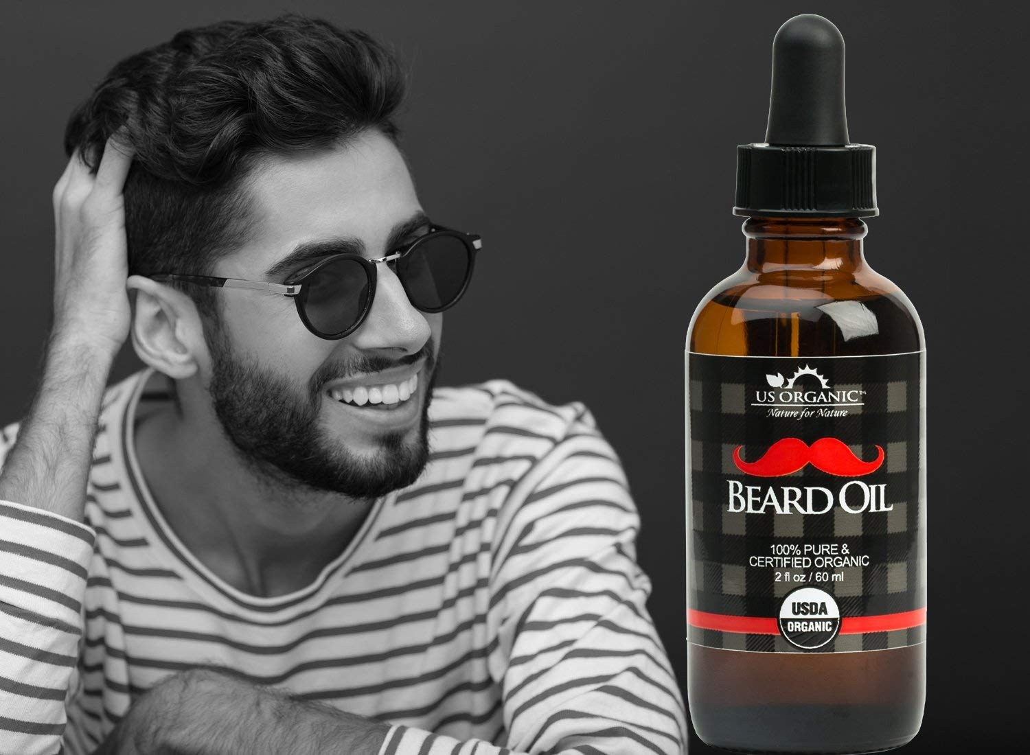 Beard Oil, Big 2oz size - Certified Organic, Premium Grade, Natural Antimicrobial Properties, Made in the USA. Amber Glass Bottle w/ Glass Eye Dropper for Easy Application, Best for Movember by US Organic