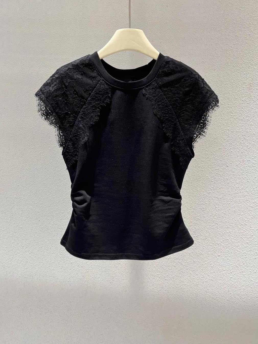 Women Round Neck Splice Top, Slimming Waist Cinching Blouse, Casual Daily Summer Tops