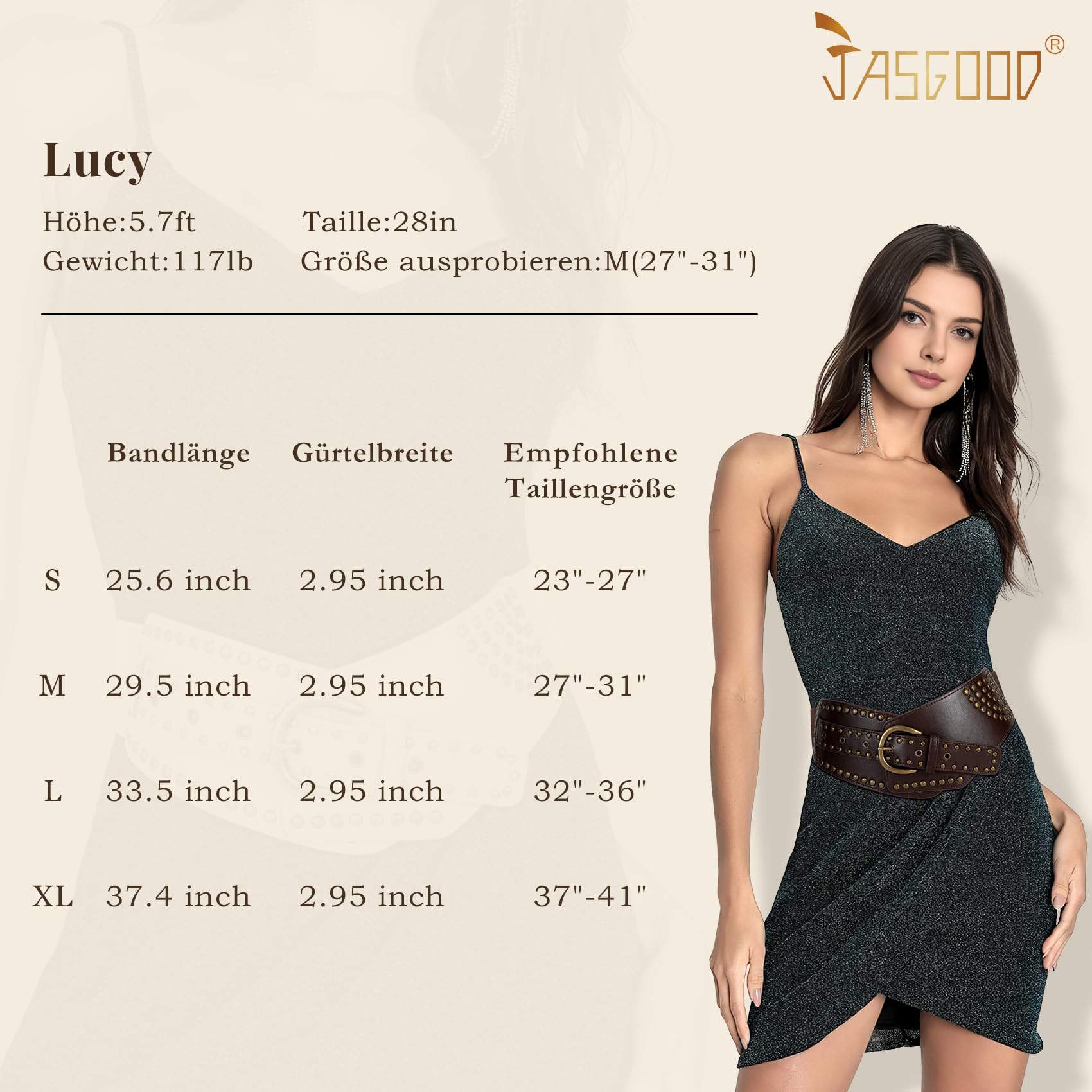 JasGood Damski pasek w stylu vintage, szeroki, elastyczny pasek, nity, stretch, pasek na karnawał,