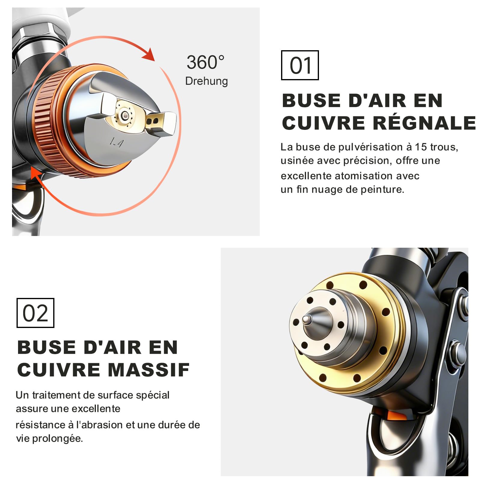 Pistolet à peinture professionnel HVLP avec buses de 1,4/1,7/2,0/2,5 mm, capacité de 600 ml et manomètre, idéal pour peintures de voiture, apprêts, vernis transparents, vernis de finition (orange/noir