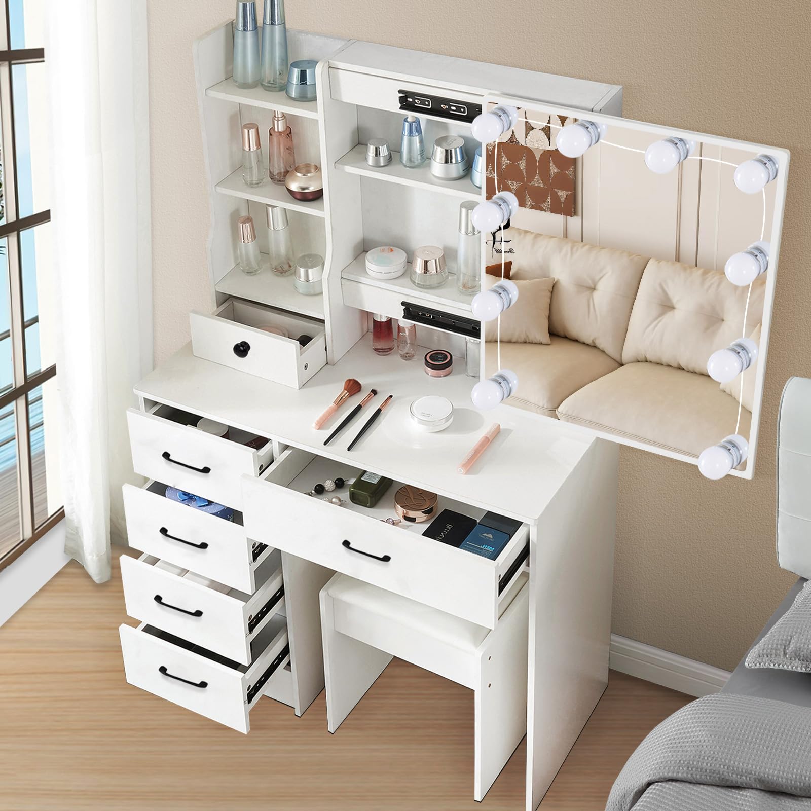 Dradaomull Coiffeuse avec Miroir et 10 Éclairages LED, Commode à Maquillage Blanche avec 6 Tiroirs et 3 Compartiments Ouverts, 3 Niveaux de Luminosité Réglables