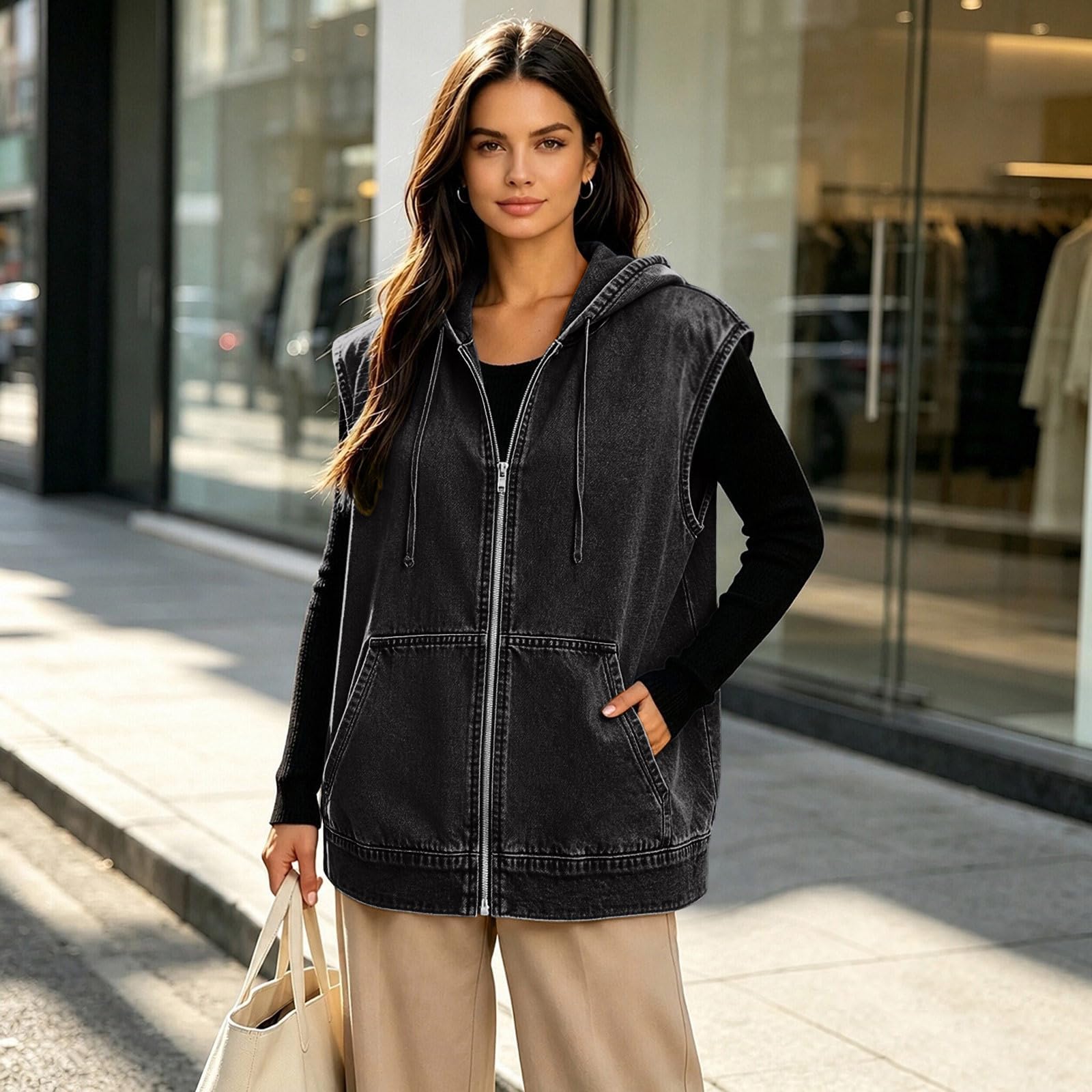 Jeansweste Damen Ärmellos Jeans Weste Mit Kapuze Jeansjacke Zipper