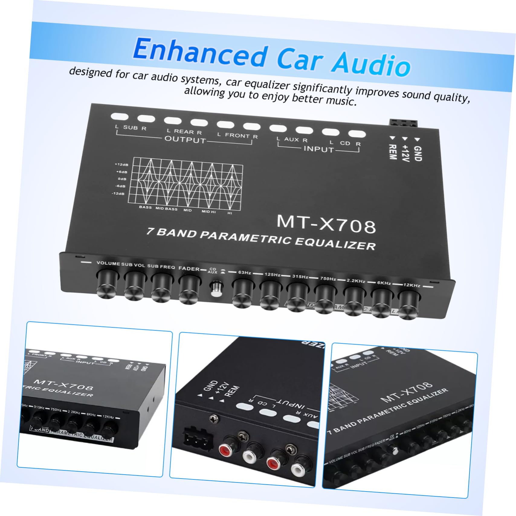 VILLCASE Ecualizador de Coche de 7 Bandas Seis Canales, Amplificador de Metal para Sistema de Audio de Automóvil, Interfaz Simple y Mejora Calidad de Sonido