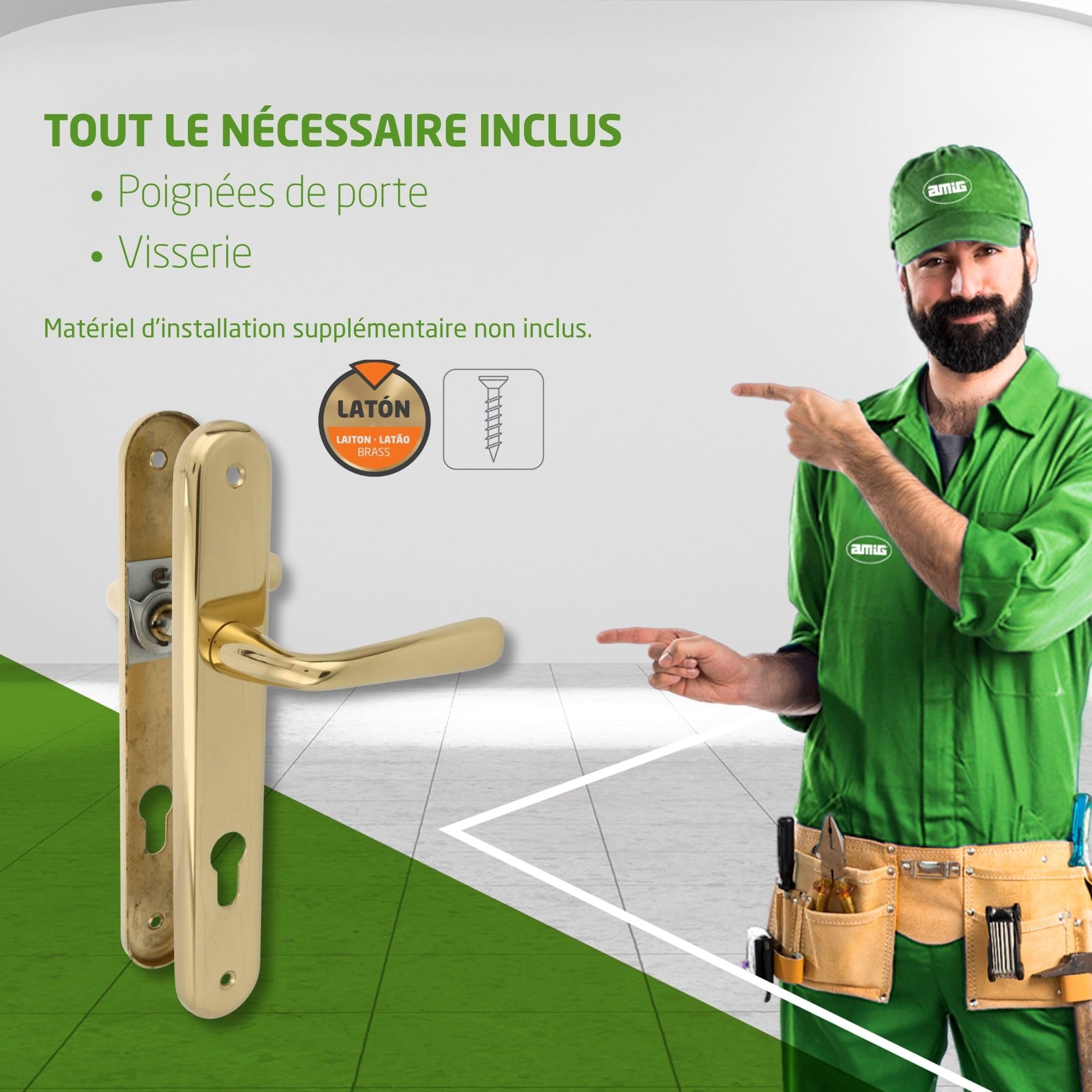 Amig - Jeu de poignées de porte en laiton - Modèle 252PB85-250X40 LAITON POLI - Dimensions : 250 X 40 mm - Carré de 8 mm - Résistant à la corrosion - Visserie incluse - Finition : POLI
