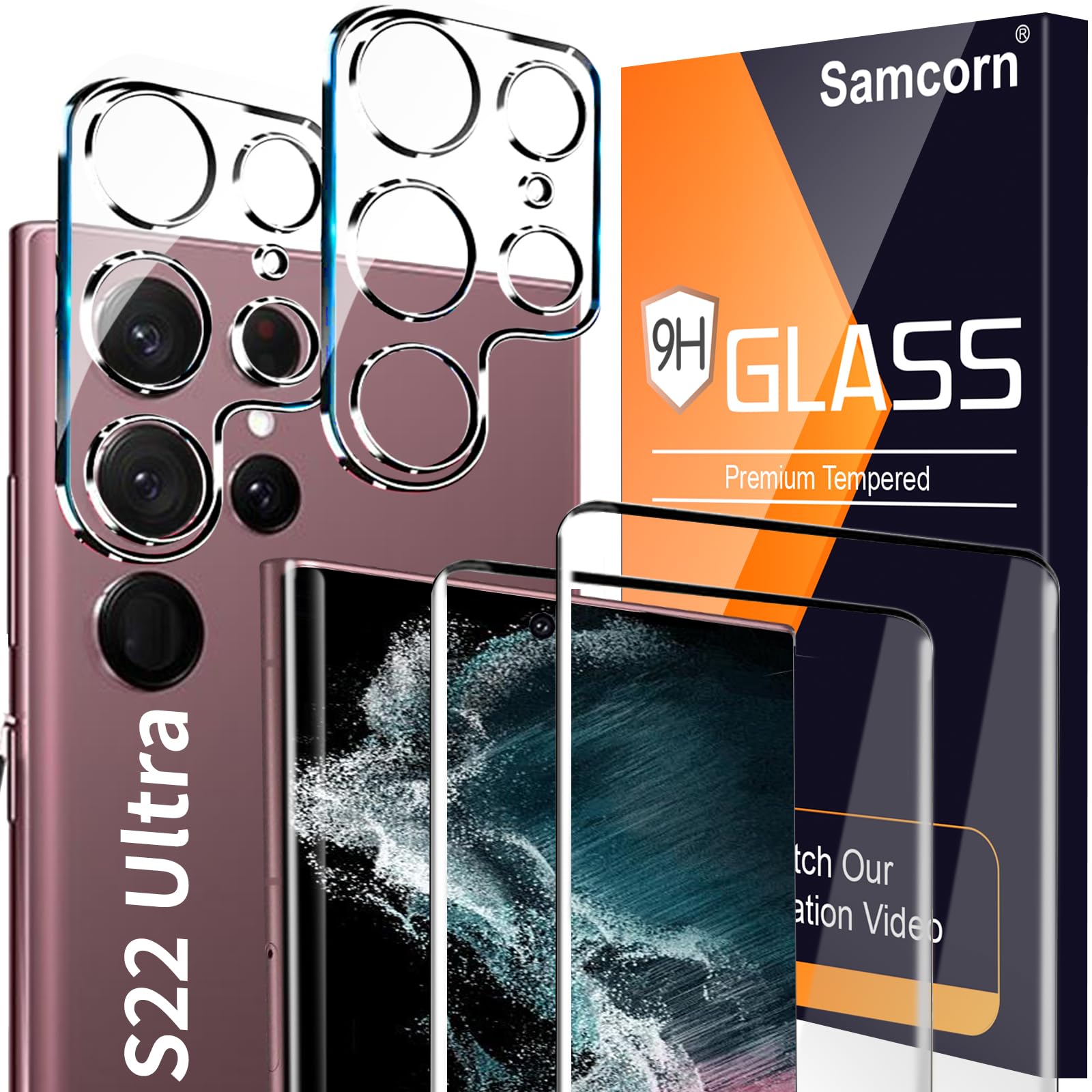 3 Pack Galaxy S22 Ultra Screen Protector, Tempered Glass, Fingerprint Unlock, 3D Curved HD Clear, Anti Glare for Samsung Galaxy S22 Ultra