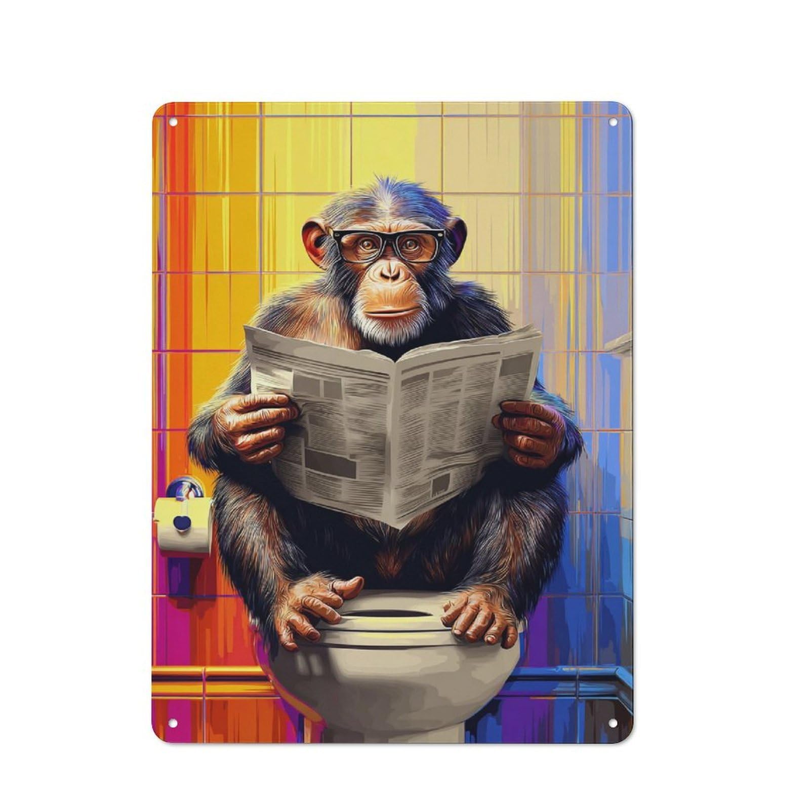Junmoney Chimpanzee Reading Newspaper In Bathroom Vintage Tin Sign 40X30cm For Home Bar Wall, For Collectors Of Vintage Metal Wall Decor