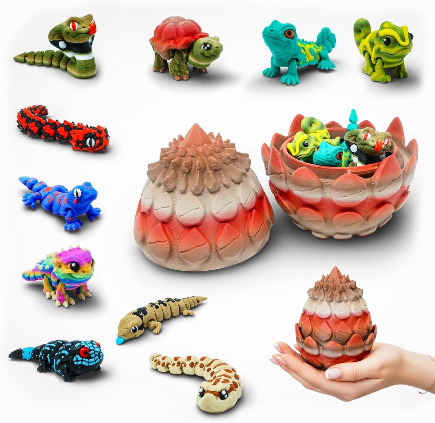 Reptile Collection with Rustic Stone Egg Hatchery - 10 Articulated 3D Printed Mini Lizards, Snake & Turtles, Miniature Shelf Display for Reptile Enthusiasts, 3D Printed Lizard and Snake Set