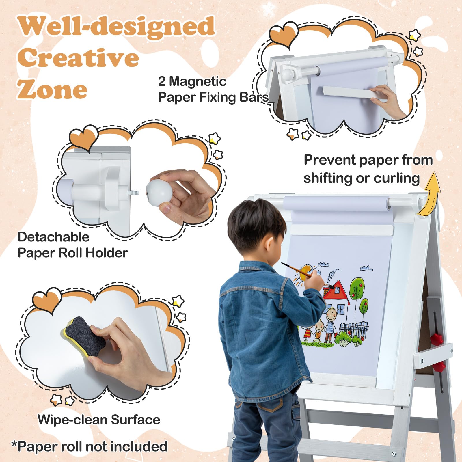 COSTWAY Kinder Staffelei mit Stuhl, höhenverstellbare Kindertafel mit Kreidetafel & Whiteboard, Doppelseitige Spiel-Tafel mit Magnetleisten & Stoff-Aufbewahrungskorb, für Kinder ab 3 Jahren (Grau)