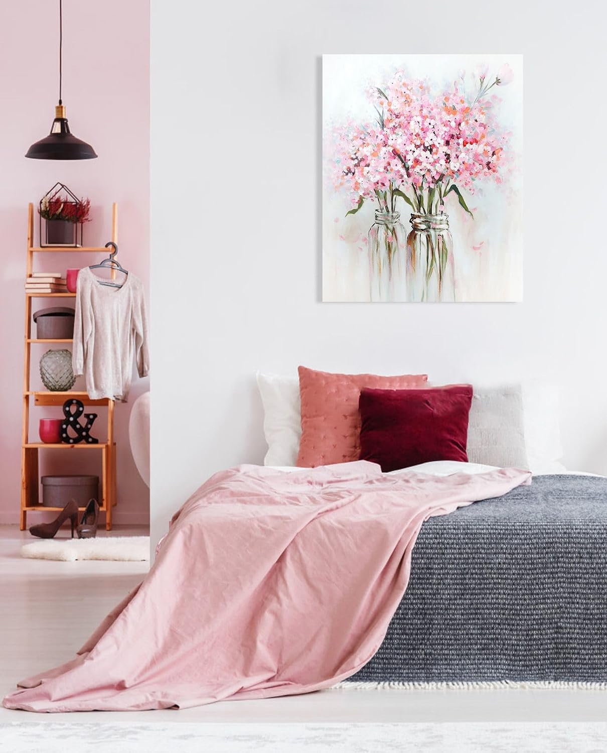 YPY Abstract Bouquet Canvas Wall Art: Pink Flower in Vase Artwork Oil Painting Teen Girl Bedroom Floral Picture Living Room Decor 24"x30" image 5