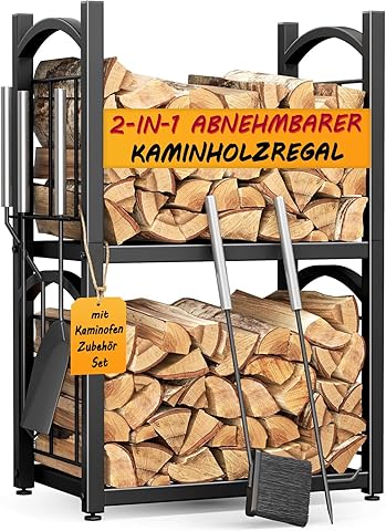 HFHOME Estantería para leña Interior y Exterior 2-en-1, Soporte para leña para almacenamiento de leña, Estantería para madera de fuego 78 x 46 x 32 cm con accesorios para estufa de leña, pala, escobas