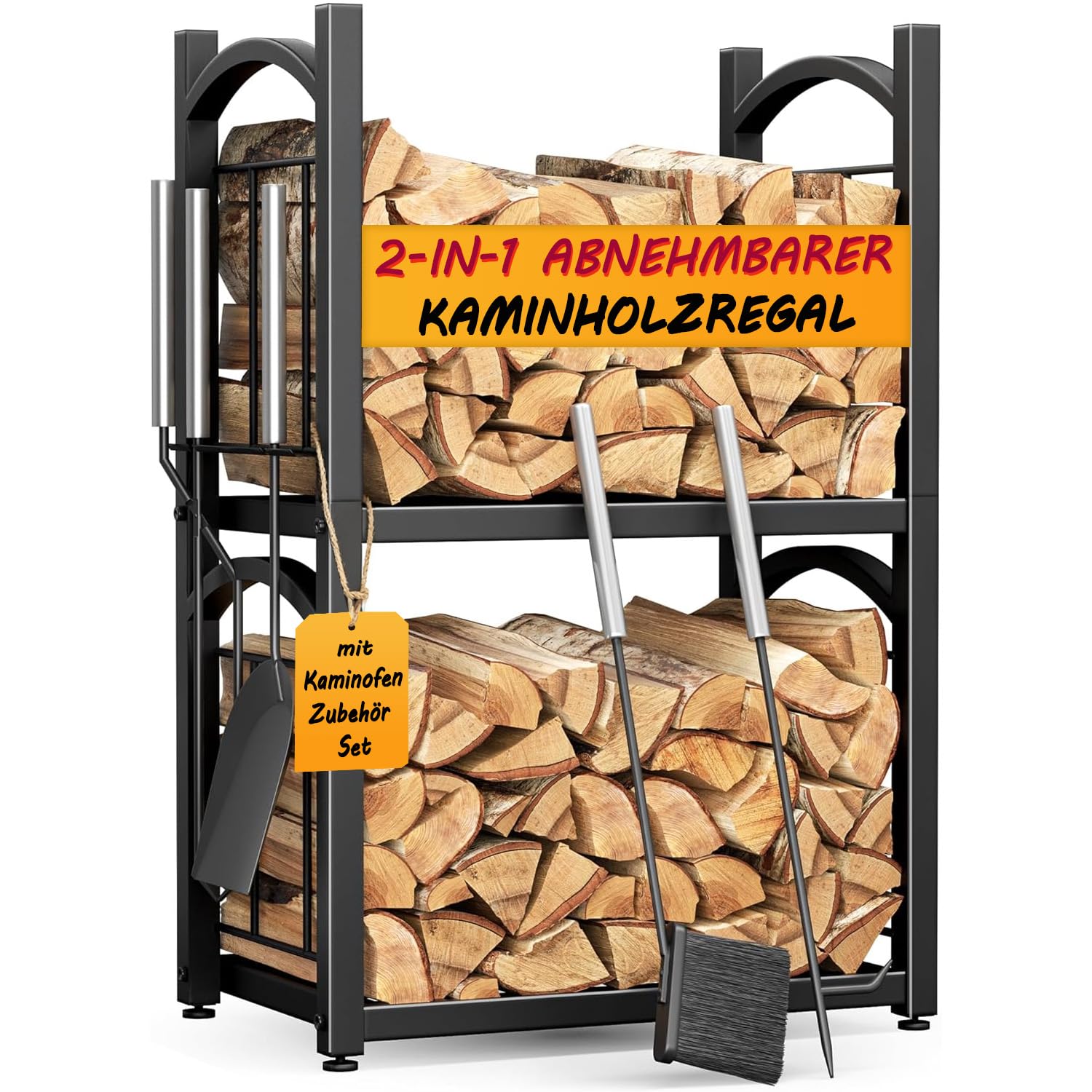 HFHOME Estantería para leña Interior y Exterior 2-en-1, Soporte para leña para almacenamiento de leña, Estantería para madera de fuego 78 x 46 x 32 cm con accesorios para estufa de leña, pala, escobas