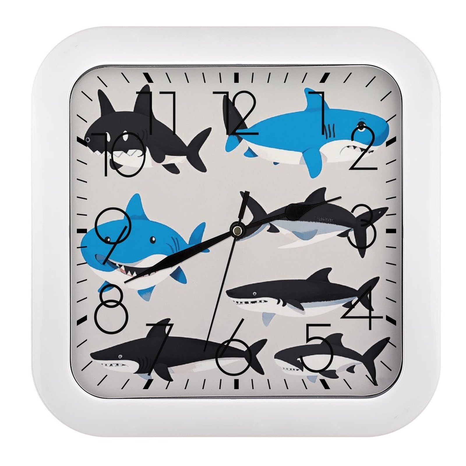 Horloge murale requin carrée et silencieuse pour la classe des enfants