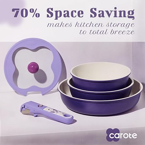 Miniatura 3 de CAROTE Juego de utensilios de cocina de cerámica de 11 piezas, juego de ollas y sartenes antiadherentes, utensilios de cocina de inducción con mango