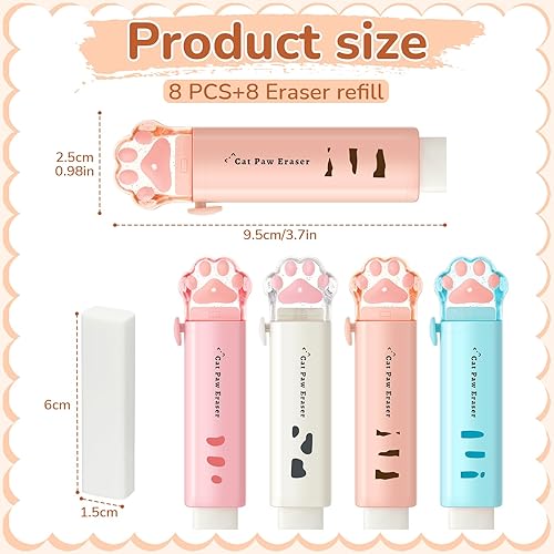 Miniatura 3 de 8 unidades de borradores en forma de pata de gato, diseño retráctil, de dibujos animados, borradores estéticos pastel, lápiz kawaii, goma linda para