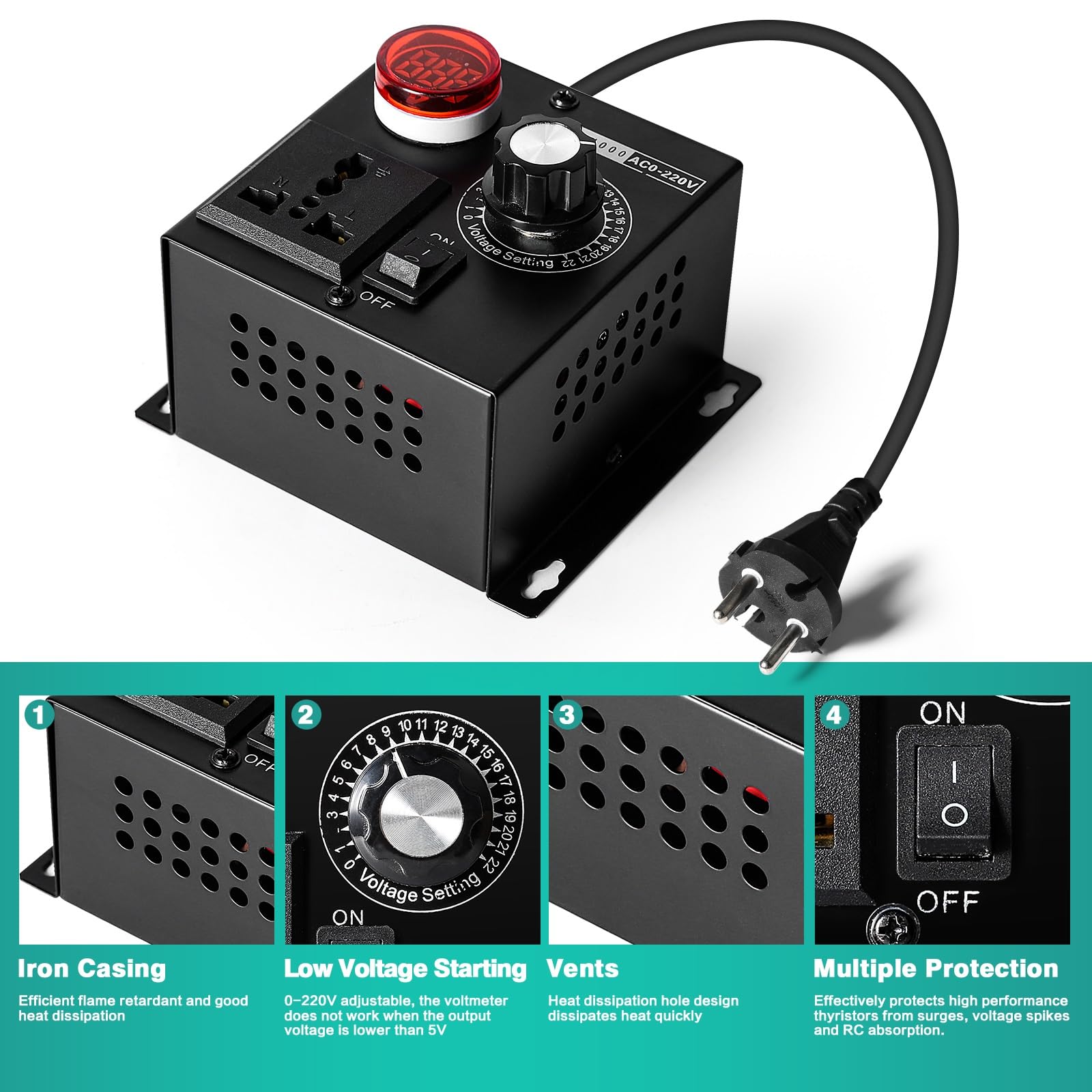 Jadeshay Regulador de Voltaje,4000W Regulador de Velocidad Ajustable SCR Controlador de Velocidad AC220V para Doméstico Ventilador Motor Amoladoras Angulares Taladros