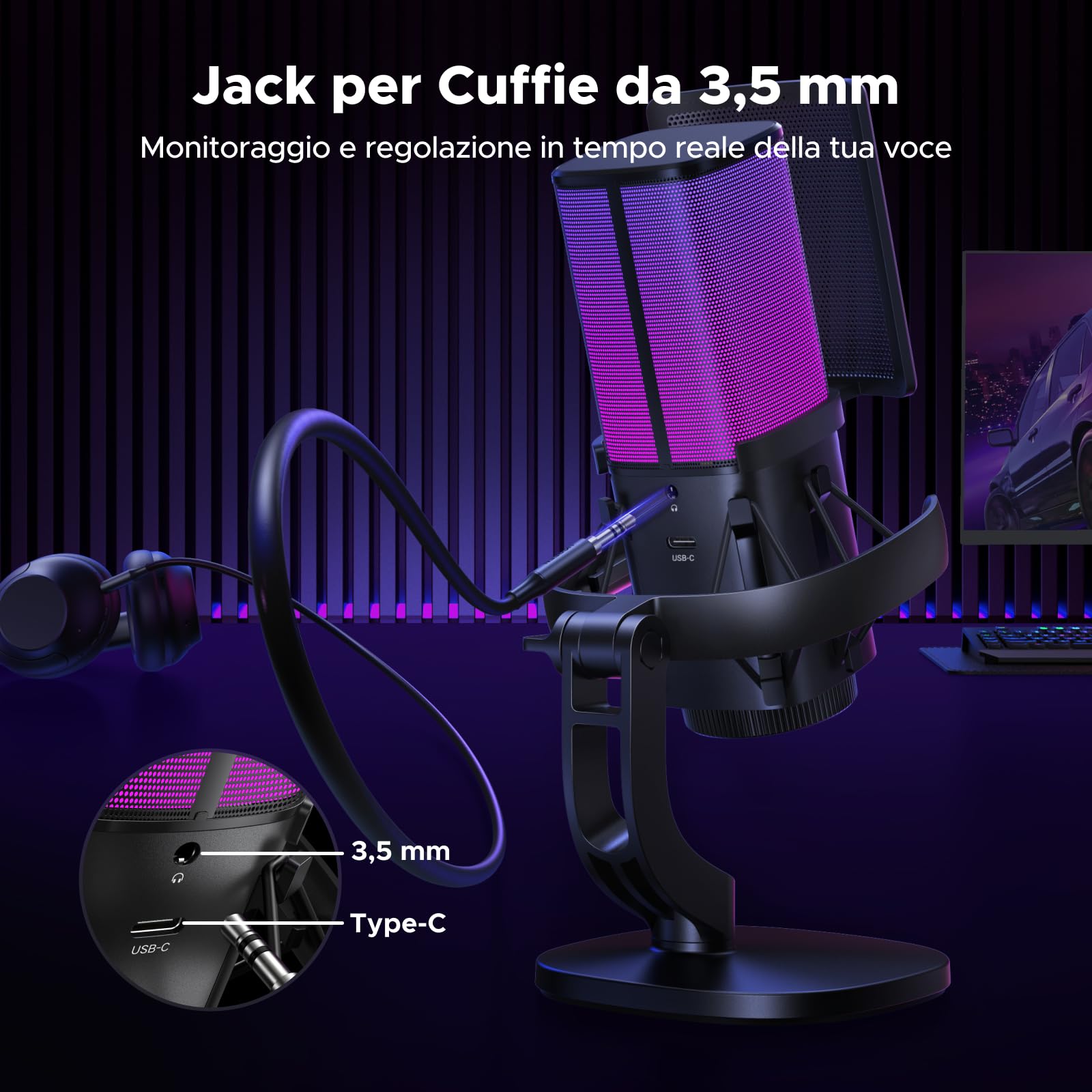 UGREEN Microfono Gaming USB con Effetti di Illuminazione RGB 24bit 96kHz Riduzione del Rumore DSP Adatto Per la Registrazione il Gioco Lo Streaming Live e i Podcast Compatibile con PS5 PS4 Laptop