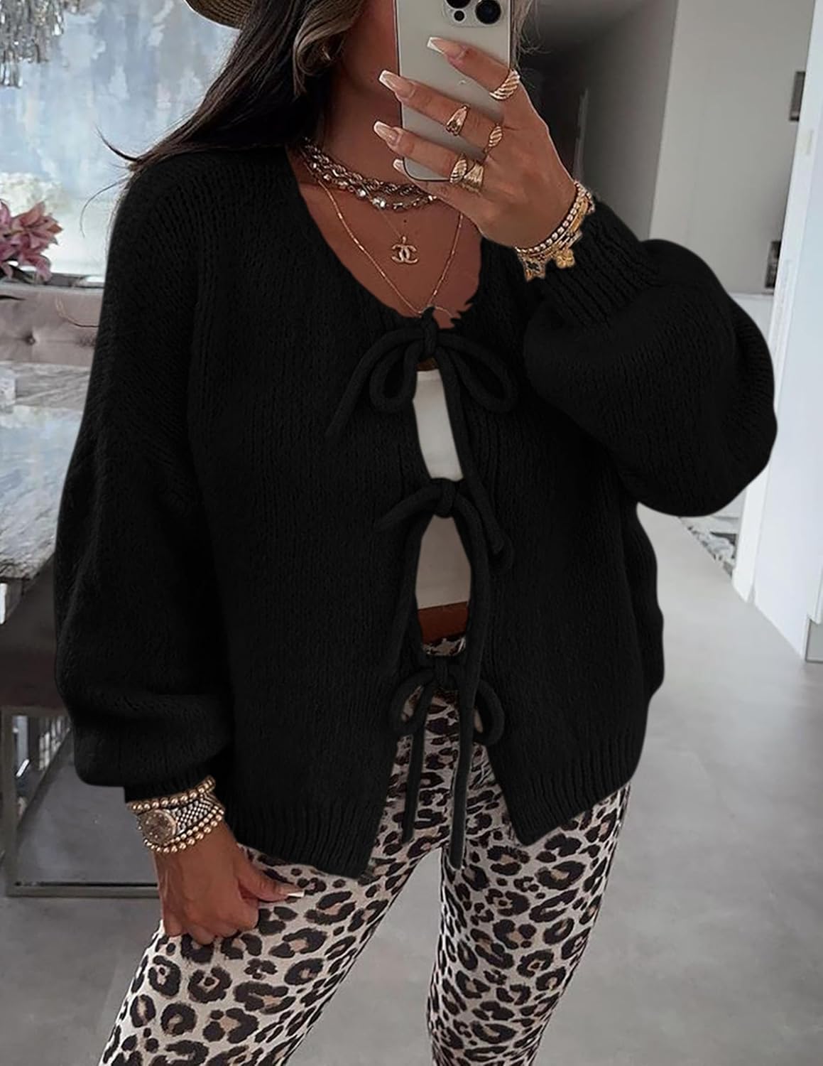 PRETTYGARDEN Women's Tie Front Bow Cardigan Sweaters Chunky Knit Long Puff Sleeve Trendy Fall Winter Jacket Coats - Image 7