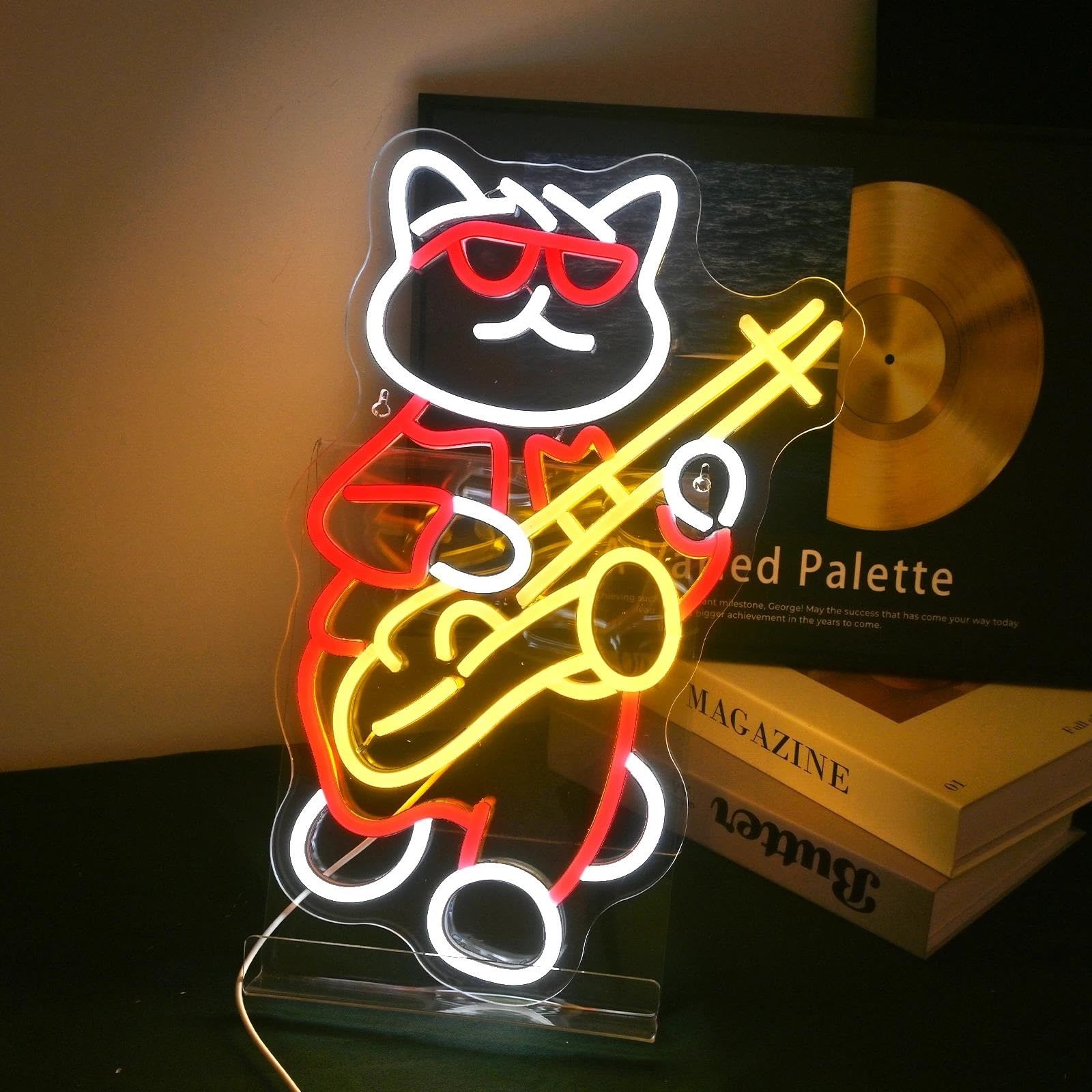 Insegna al Neon LED Jazz Cat Neon Sign Luminosità Regolabile Decorazione Da Parete Per Musica Live Studio Camera Da Letto Per Bambini Music Band Light Up 26x42cm