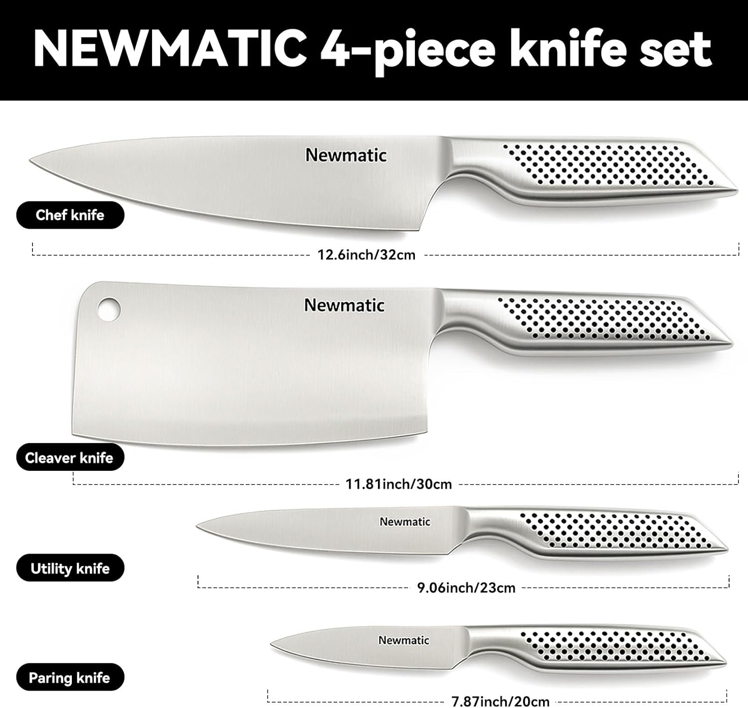 NEWMATIC 4-PCS kitchen knife set, stainless steel chef's knife set .The anti slip handles have a comfortable, secure grip, and the blades are razor sharp