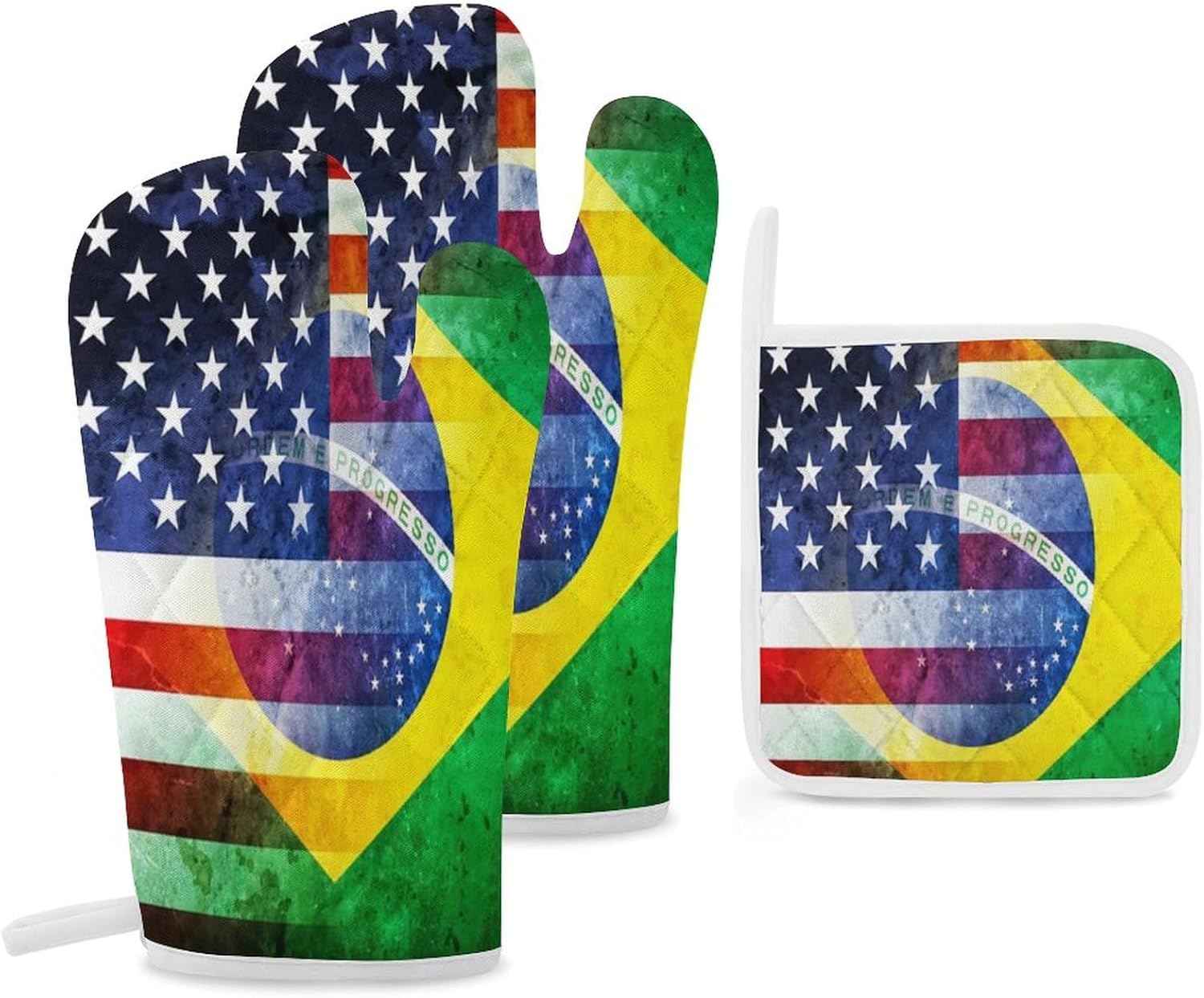 Vintage U.S.A. and Brazil Flag Print Oven Mitts and Pot Holders 3 Piece Sets Heat Resistant Gloves Hot Pads Potholders for Kitchen Baking Cooking