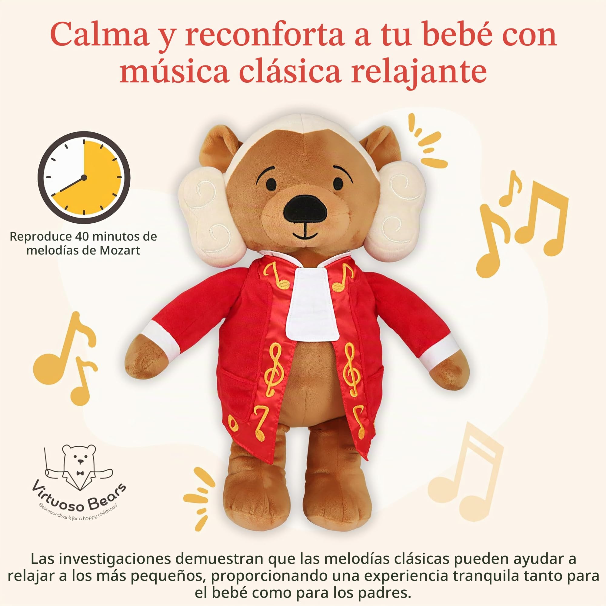 Amadeus Mozart Oso Virtuoso, 40 Minutos de Música Clásica, Peluche Musical Premiado 15″, Juguete Educativo