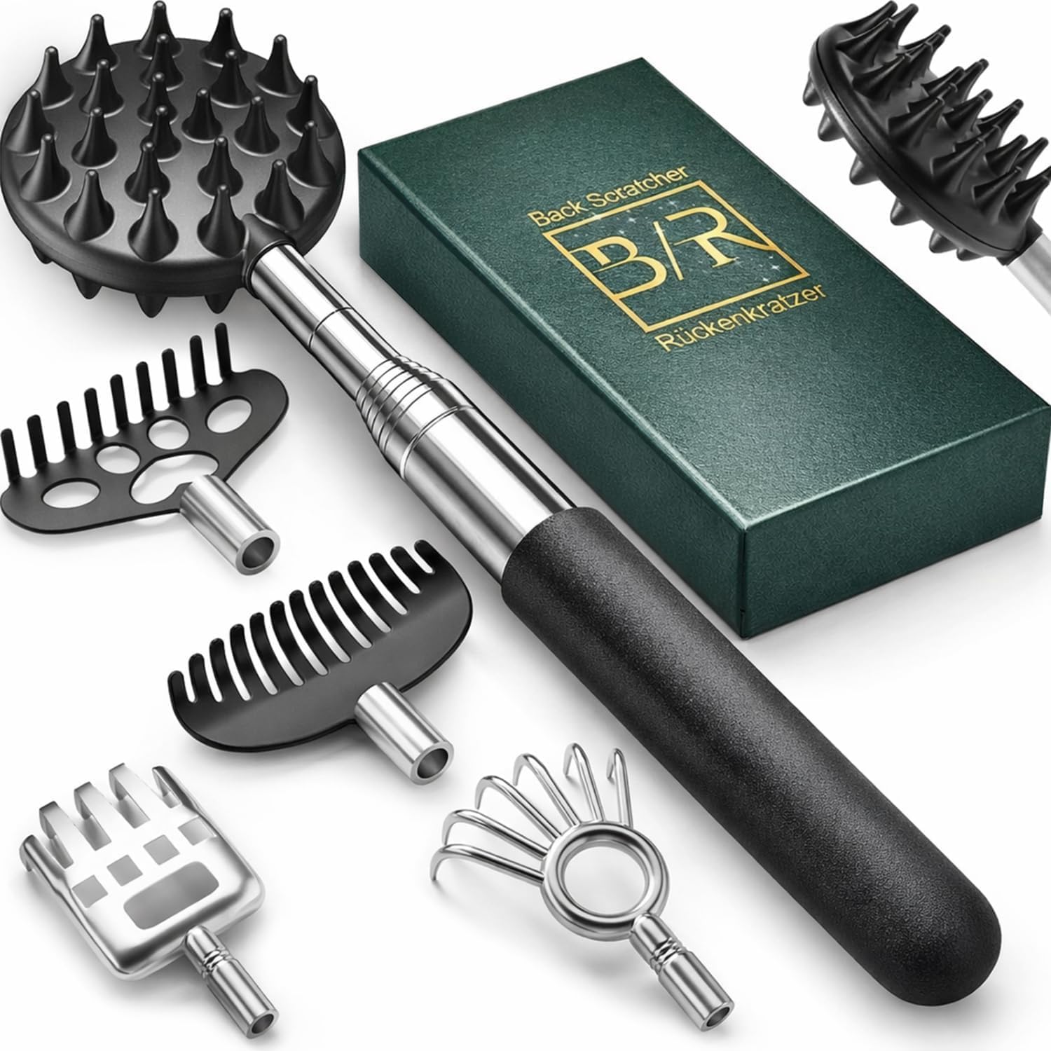 VOMEP Rückenkratzer mit 4 abnehmbaren Köpfen, tragbarer ausziehbarer Rückenkratzer, Geschenke für Damen und Herren, Strumpffüller, Metall-Edelstahl-Massagegerät/Rückschlag zum Kratzen