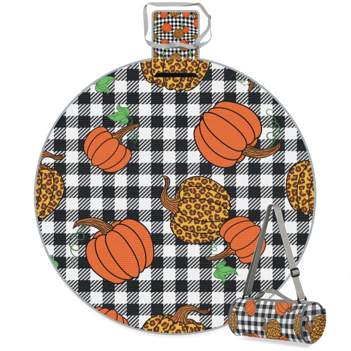 Shimoshe Black White Buffalo Plaid Pumpkin Picnic Outdoor Blanket Foldable Waterproof Sandproof Beach Blanket Portable Water-Resistant Round Picnic Mat for Travel Camping Park Lawn