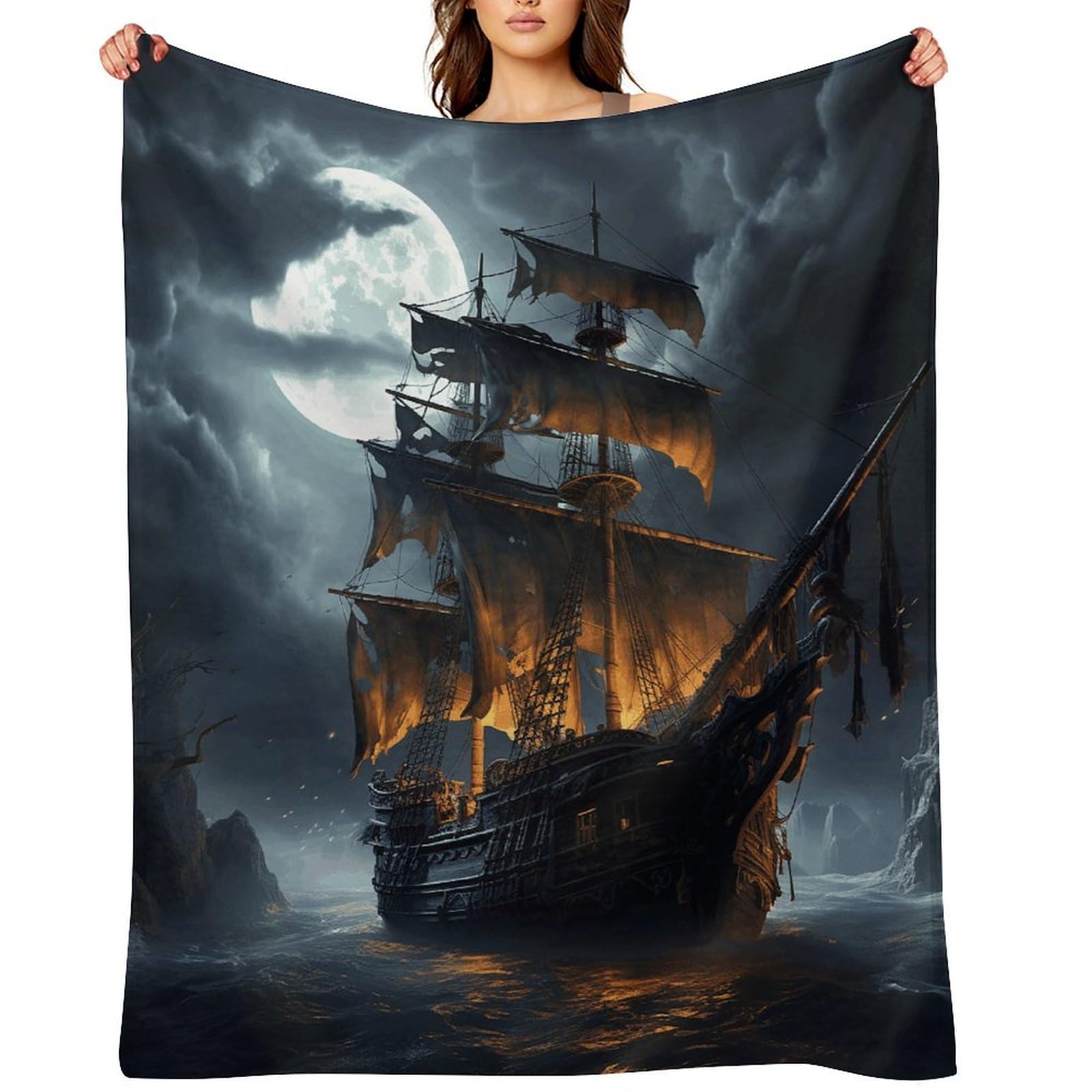 Pirate Sailboat Full Moon Blankets Large Luxury Flannel Throw Blanket Fashion Thick Blanket for Sofa&Bed Blankets Cozy Ultra-Soft Bath Towel for Men&Women 60"x80"
