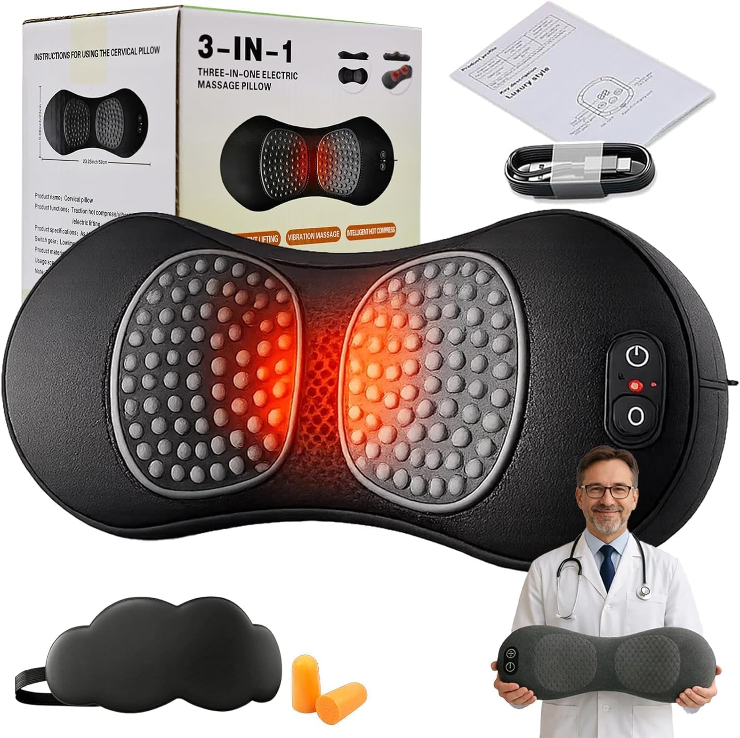 Massaggiatore 3 in 1 per la Schiena,2026 New 3 in 1 Back Therapy, Massaggio Vibrante e Impacco Termico, Funzionamento Silenzioso, Allevia il Dolore Lombare, per Collo, Spalle e Schiena (B)