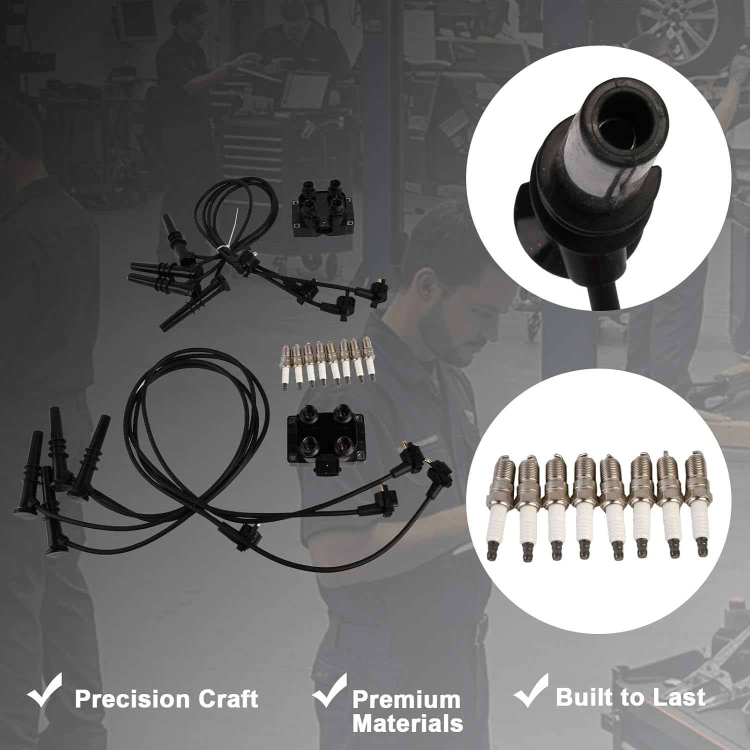 FD487 Ignition Coil & Spark Plug with Wire Set Compatible with Ford 1996 1997 1998 1999 F-150 Expedition 1996 1997 Crown Victoria Grand Marquis Town Car 4.6L Replace 96858, 2X1320, FD480, DG435