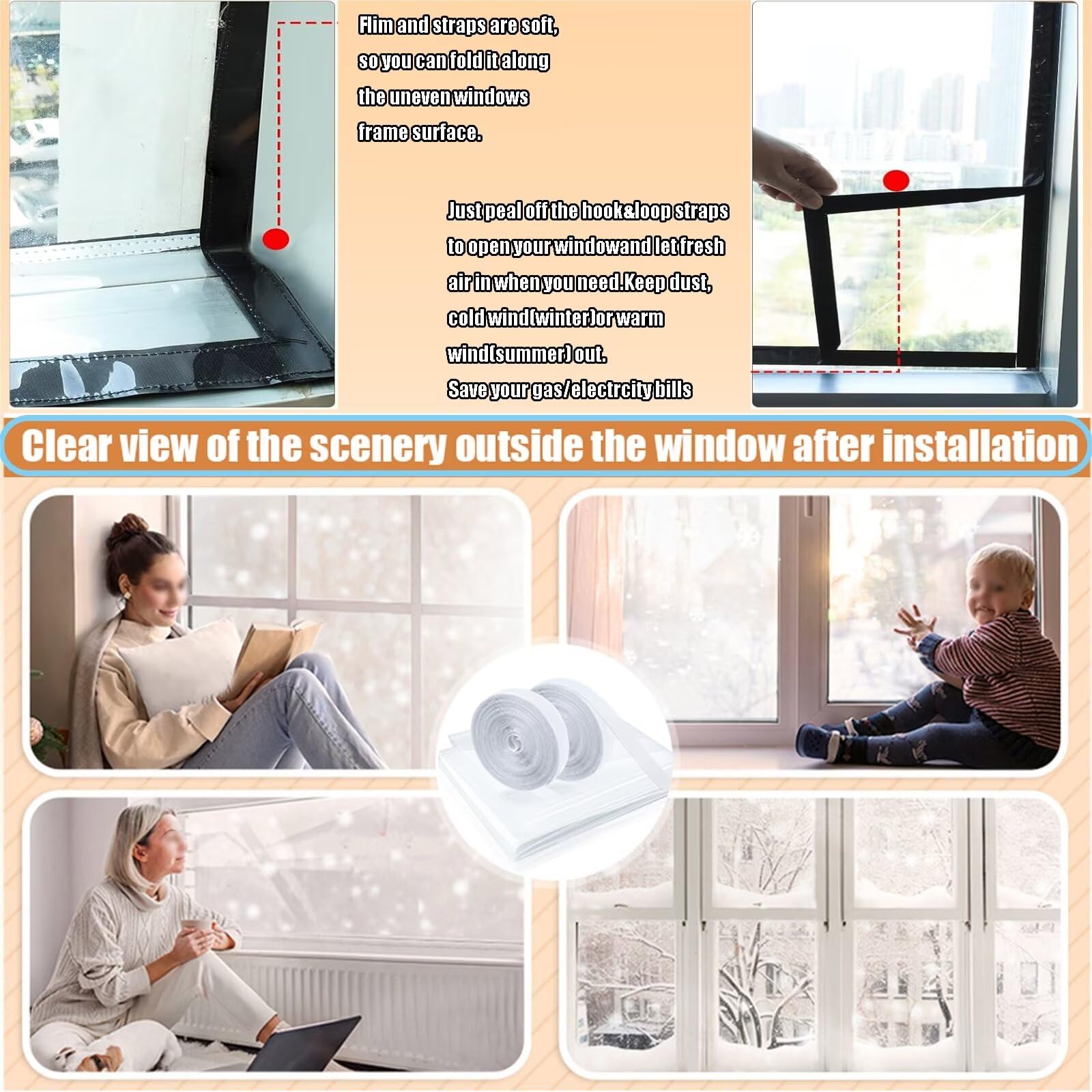 Kit de aislamiento de ventana W125 x H190cm para el invierno,mantiene el frío,película transparente,fácil de abrir para ventilación,envoltura de,Blanco