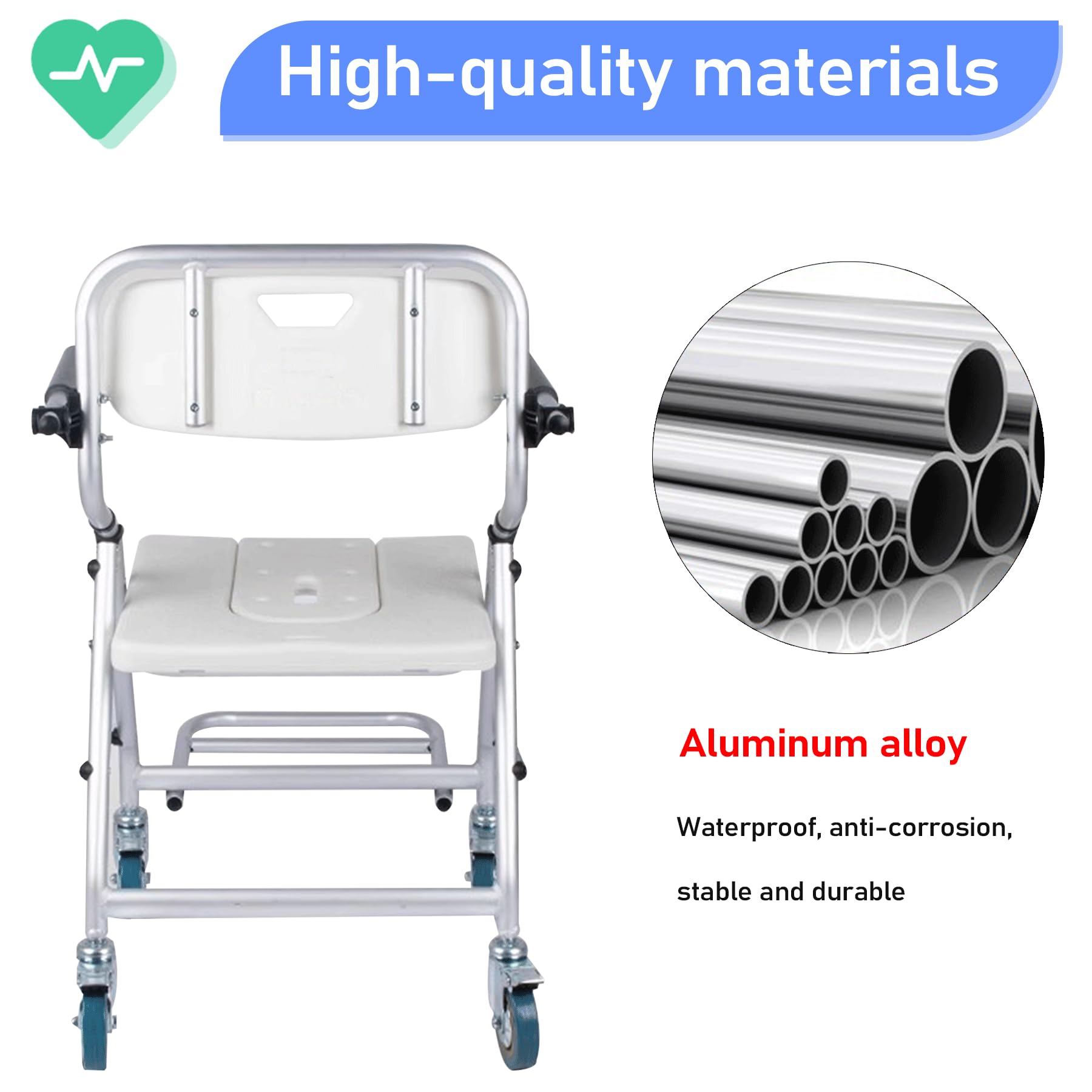 Sedile da Bagno Sedia da Doccia per Anziani e Disabili con Rotelle, Sedia Wc Doccia con Rotelle Pieghevole, Sgabello Bagno Doccia, Massimo Carico 120 Kg, Una Sedia Doppio Scopo