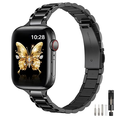 WFEAGL Metal Strap Compatible with Apple Watch Band Women, Bracelet for iWatch Series 11 SE 10 9 8 7 6 5 4 3 2 1 SE 3rd 2nd Gen, Stainless Steel Thin Fancy Bands (42mm 41mm 40mm 38mm, Black) - Black - 42mm 41mm 40mm 38mm