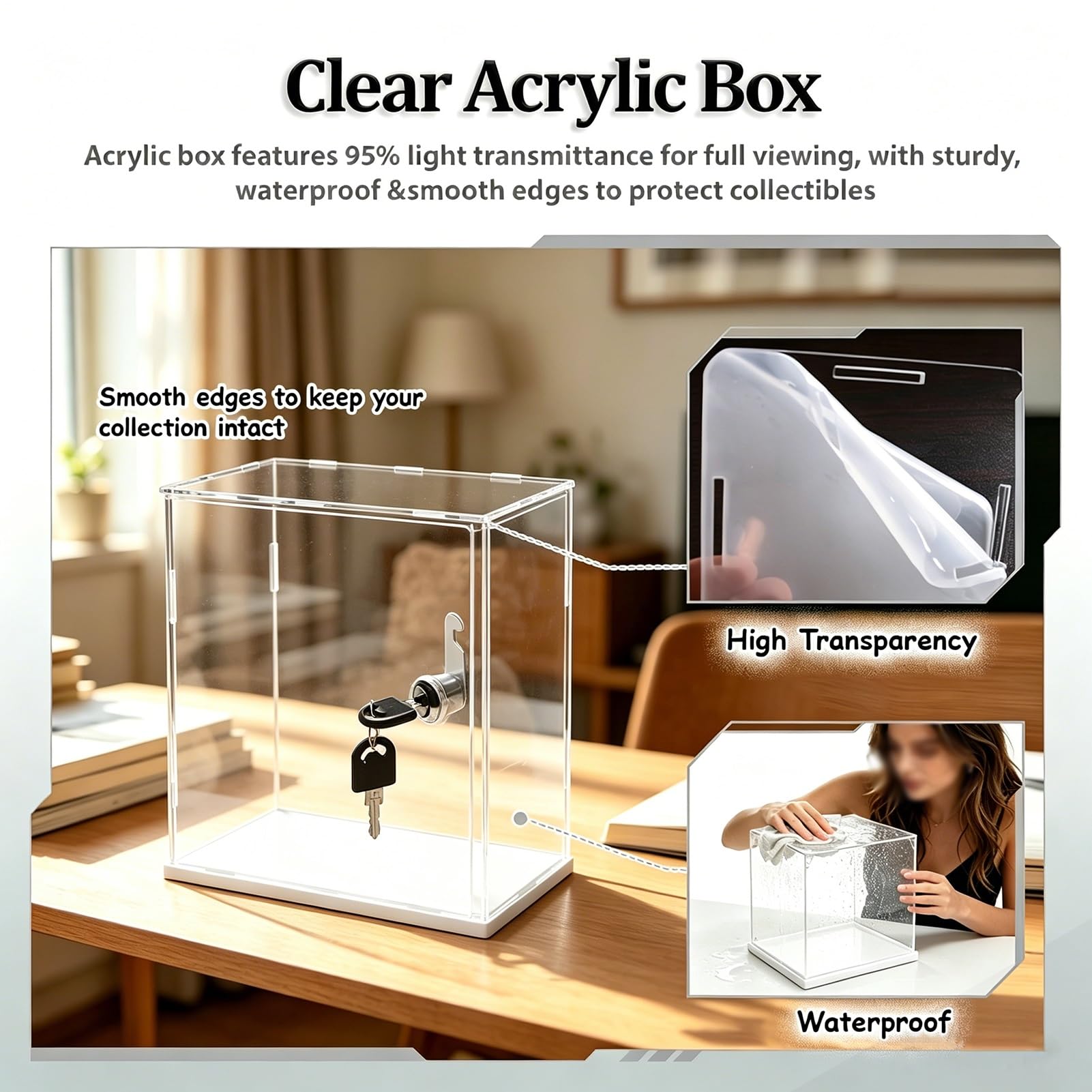 UrbanUp Urna Metacrilato Caja Pequeña de Acrílico Transparente para Tarjetas con Cerradura, Vitrina de Pie de 10,15,20,25,30,35,40,45cm Altura, Vitrina Adornos/Fichas Mahjong(30x35xH45cm/12x14x18)