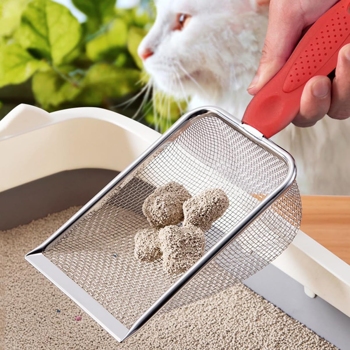 Pala profesional para arena para gatos, pala de malla de acero inoxidable, pala de tamizado de mango largo con agarre antideslizante, duradera y resistente a la corrosión para una fácil eliminación de