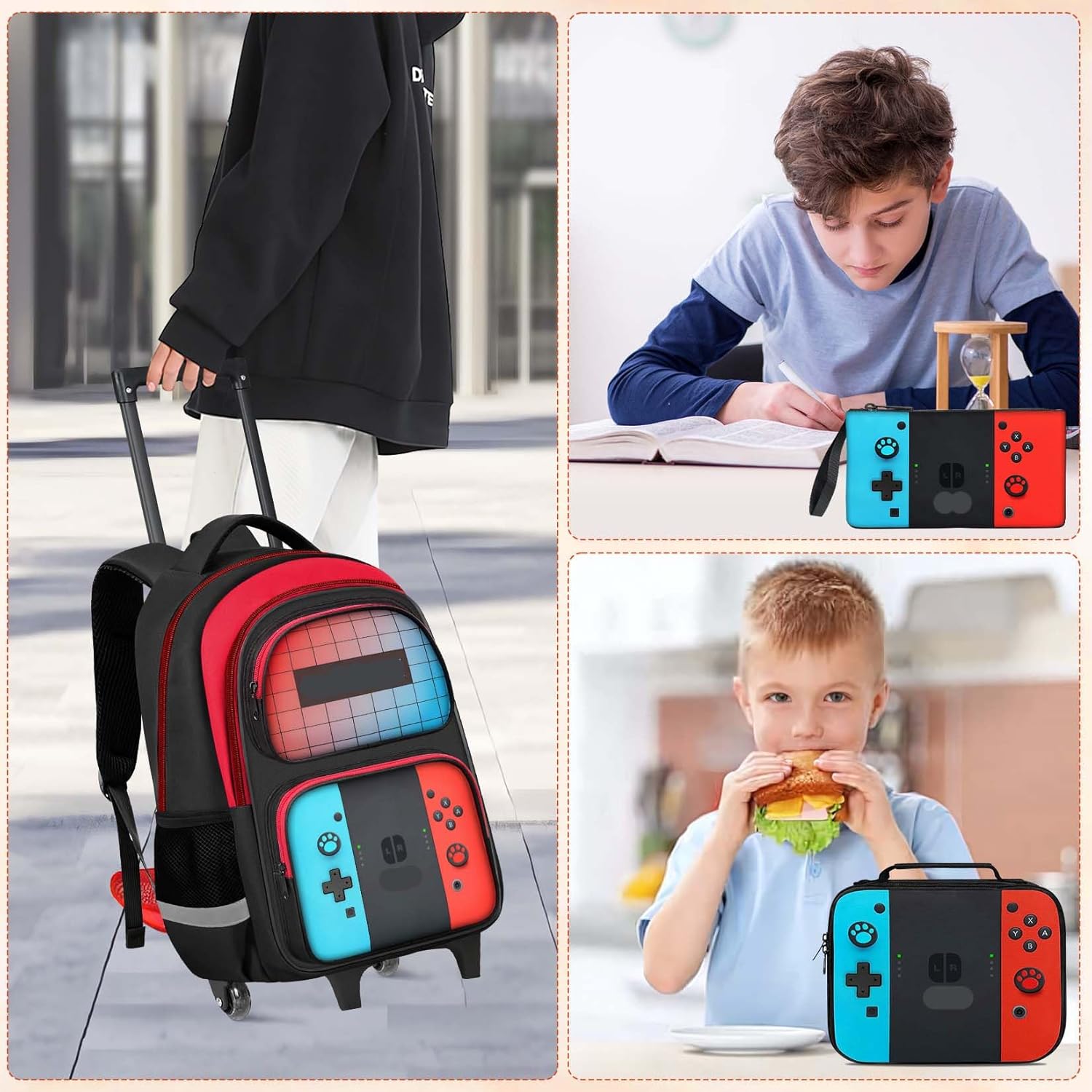 Gamer Rolling Backpack for Boys - 3PCS Boys Rolling Backpack With Lunch Box and Pencil Case for Kids Children Teens Elementary Middle School,HFHTDC Roller Bookbag With Wheels for Aged 6-18 - Image 7