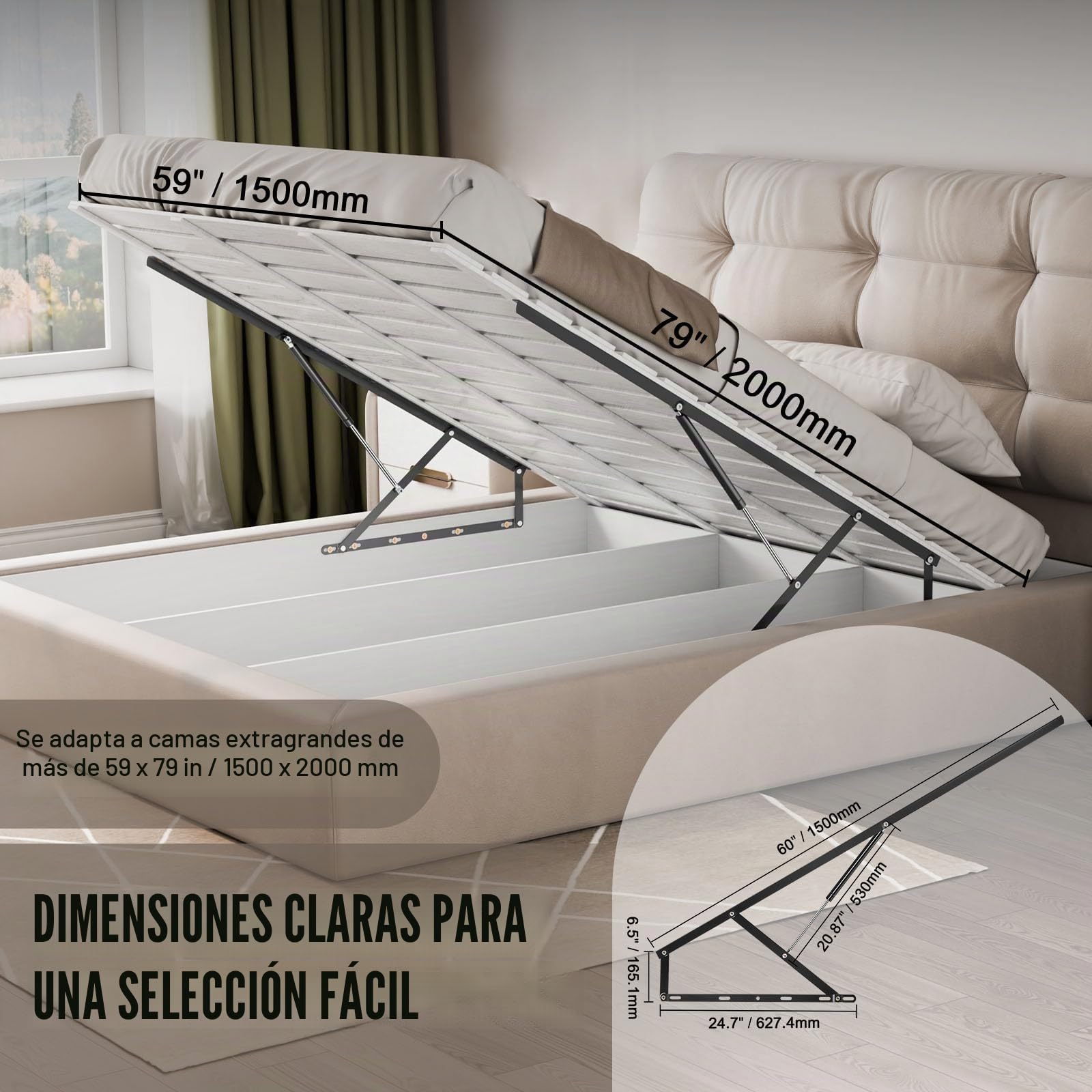 VEVOR Elevador de Cama Compatible de 150 x 200 cm Capacidad de 140 kg Kit de Hardware Mecánico de Cama Palanca Neumática Vertical de Lujo Soporte de Cama Resistente para Habitación de Invitados