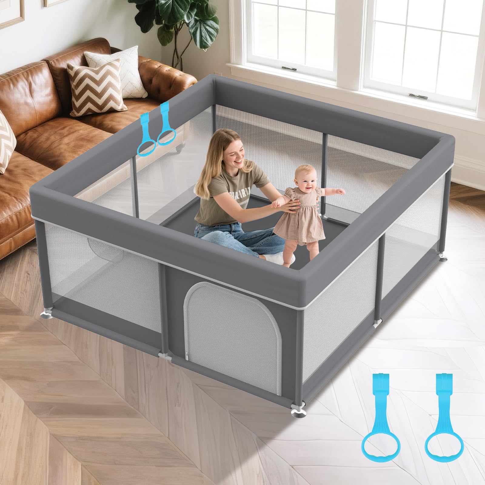 64" X 64" Sturdy Baby Playpen - Large Baby Playpen Playard for Babies and Toddlers with Anti-Slip Suckers - Safety Play Yard with Anti-Collision Cloths Cover All Corner,Grey
