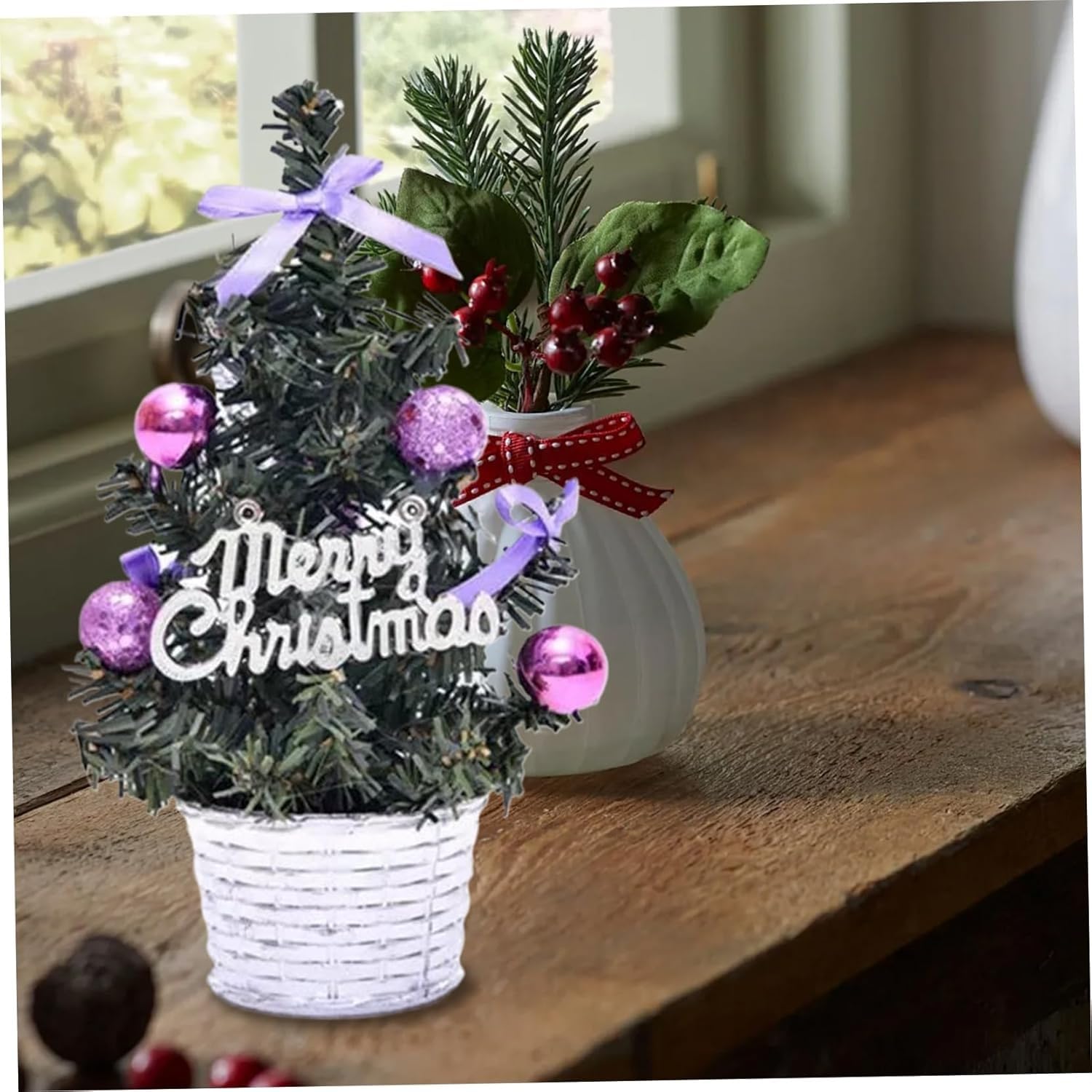 2 pezzi di albero di Natale artificiale con palline e fiocco, piccolo albero ornamentale da tavolo for la decorazione di casa e ufficio Piante artificiali(Style1)