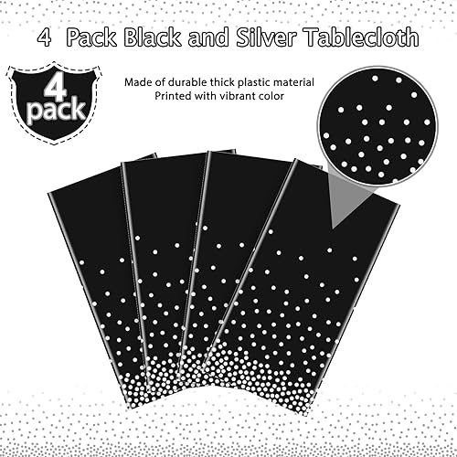 Miniatura 4 de FunnyPars Paquete de 4 manteles desechables de plástico con lunares negros y plateados, para cumpleaños, bodas, baby shower, compromiso,