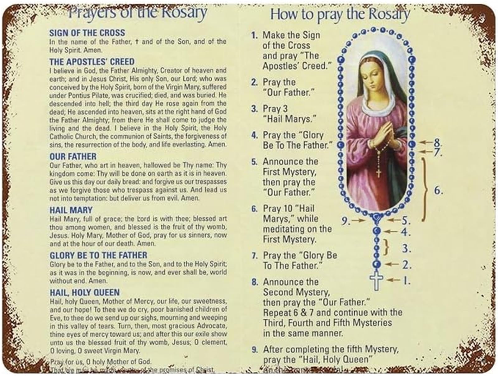 NWPNLXEA Prayers Of The Rosary Vintage Metal Sign Catholic Christian Wall Decor Home Chapel Altar Plaque 8 X 12 in