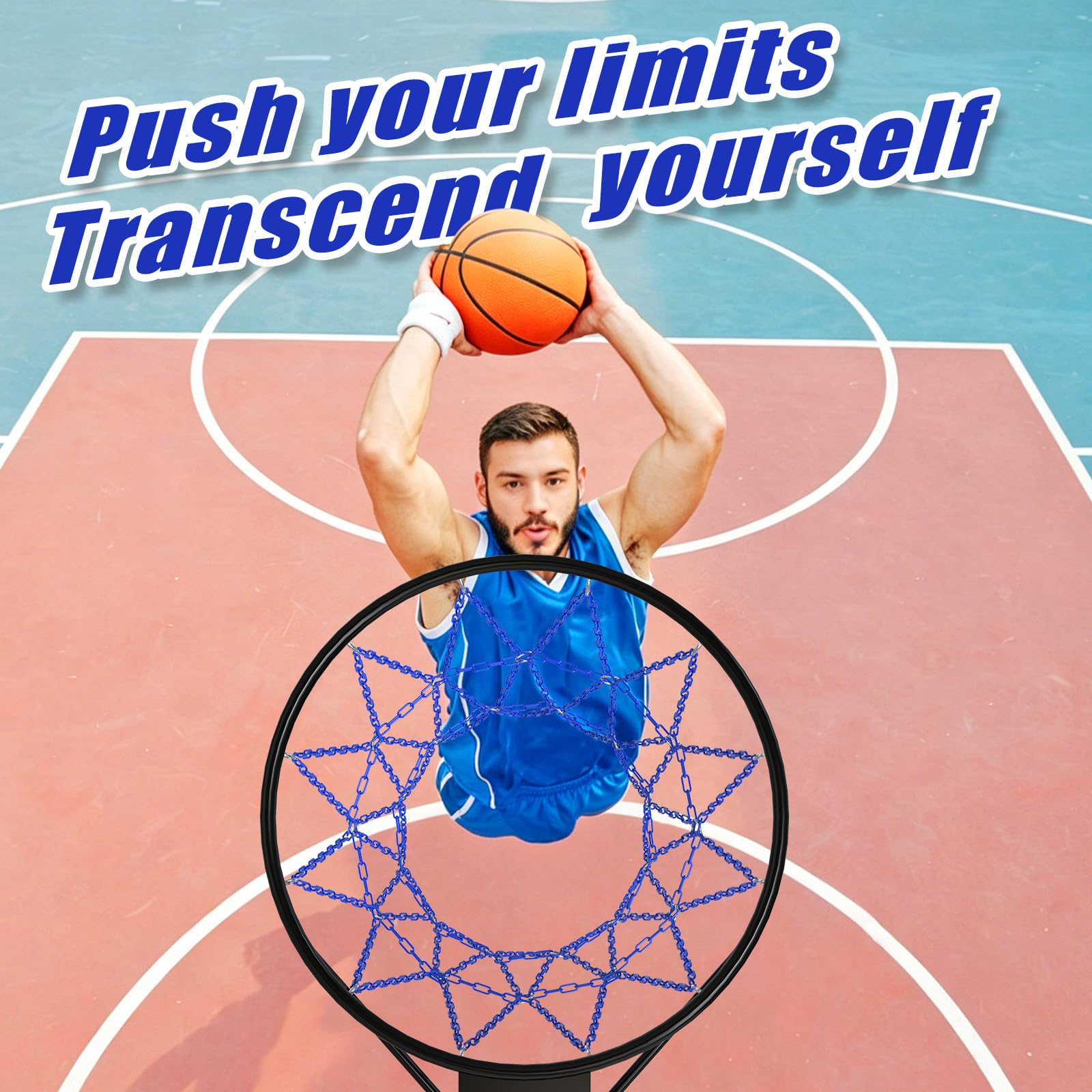 Insaga Red de baloncesto de cadena de metal resistente, red de cadena de baloncesto de 19 pulgadas para aro de repuesto para interiores y exteriores, red de cadena de acero inoxidable para borde
