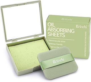 Erinde 100 folhas papel absorvente facial, para pele oleosa, absorvente de gordura facial, filme natural para controlo de gordura, absorve o excesso, com espelho e esponja