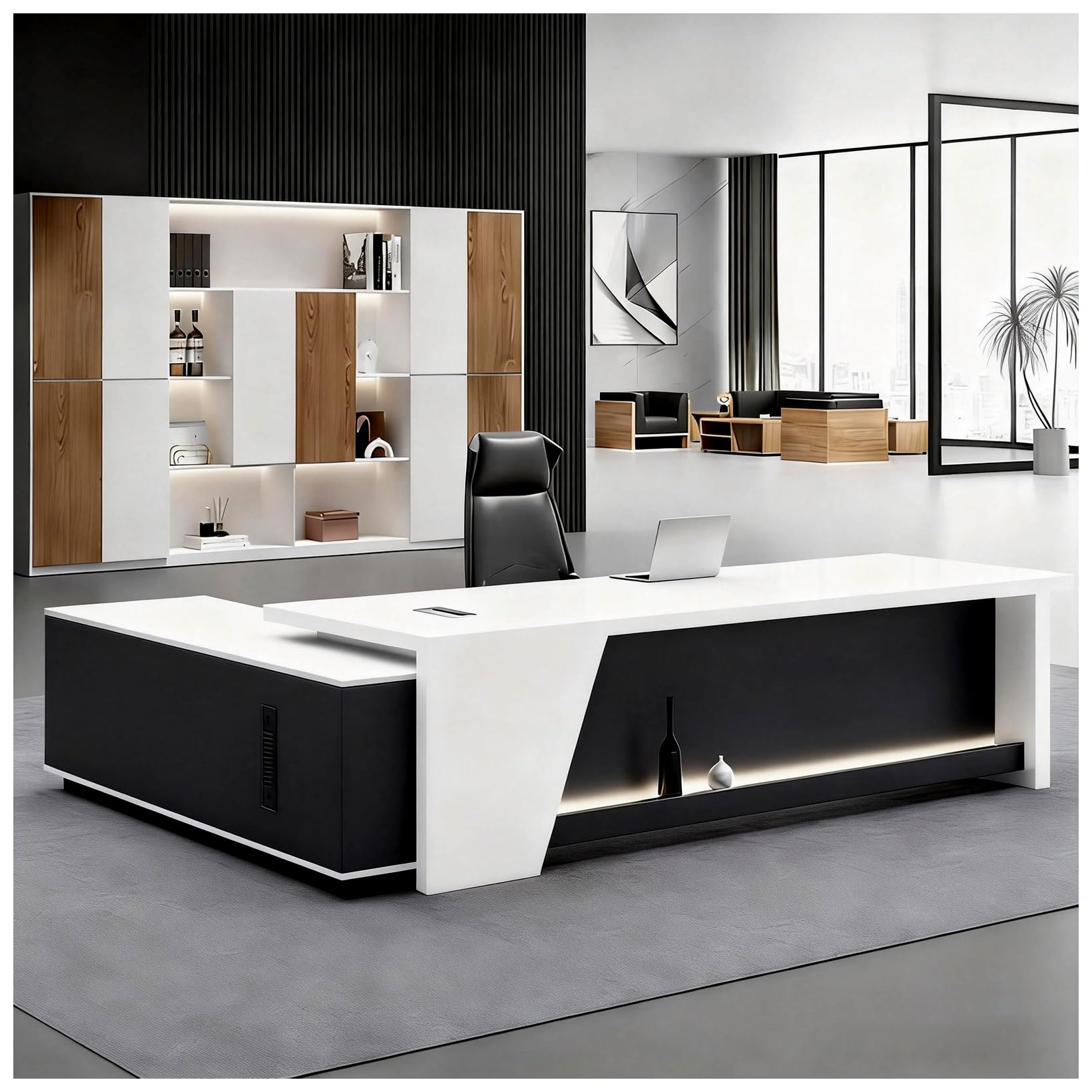 Scrivania Moderna con Spazio di Archiviazione, Scrivania Ufficio a Forma di L, Grande Tavolo da Lavoro per Ufficio, Banco Reception, Postazione di Lavoro