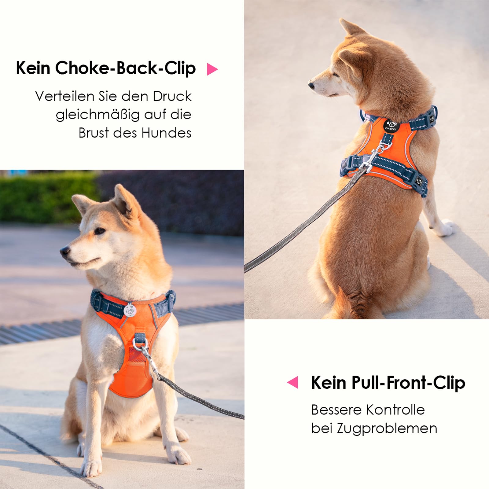 PHOEPET No Pull Hundewestengeschirr, verstellbares, reflektierendes, Nicht erstickendes Haustiergeschirr mit einfach zu bedienendem Griff und Metallklammern für Hunde(Orange Basis & Blaue Träger,S)