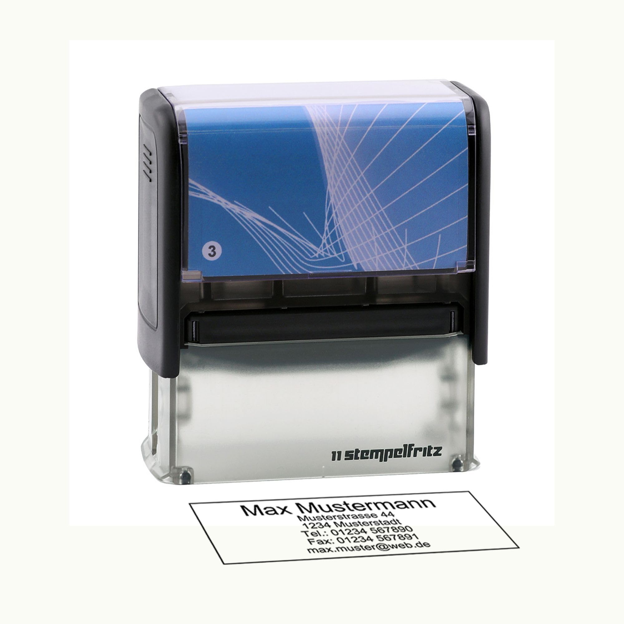 Personalisierter Stempel stempelfritz Gr.3 direkt hier Erstellen – selbstfärbender Firmenstempel, Adressstempel, Namensstempel oder Lehrerstempel – Gehäuse Schwarz-Blau, 58x22mm, max. 6 Zeilen